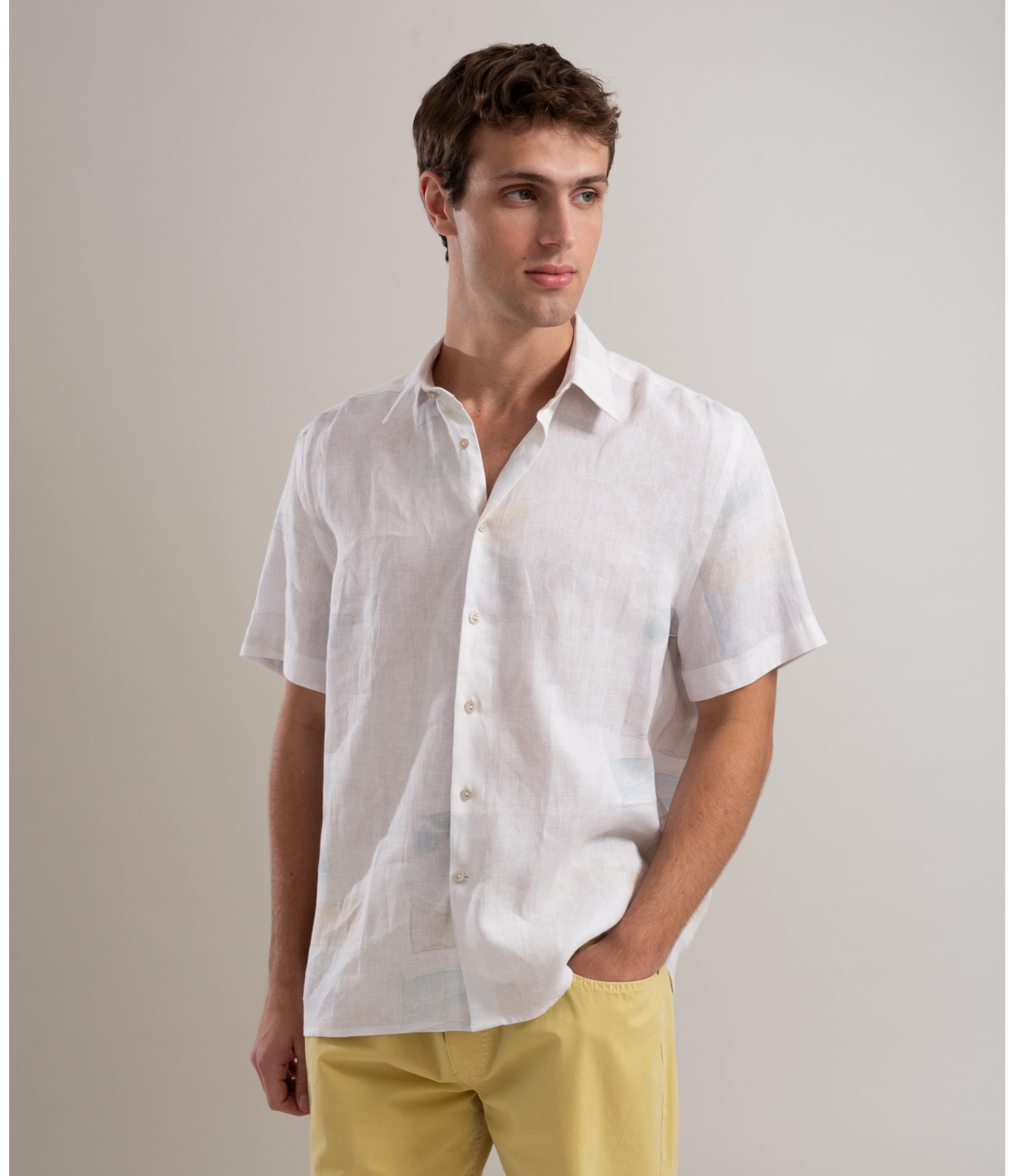 Camisa Linho  Estampado Palmeira Acqua Mc Prata