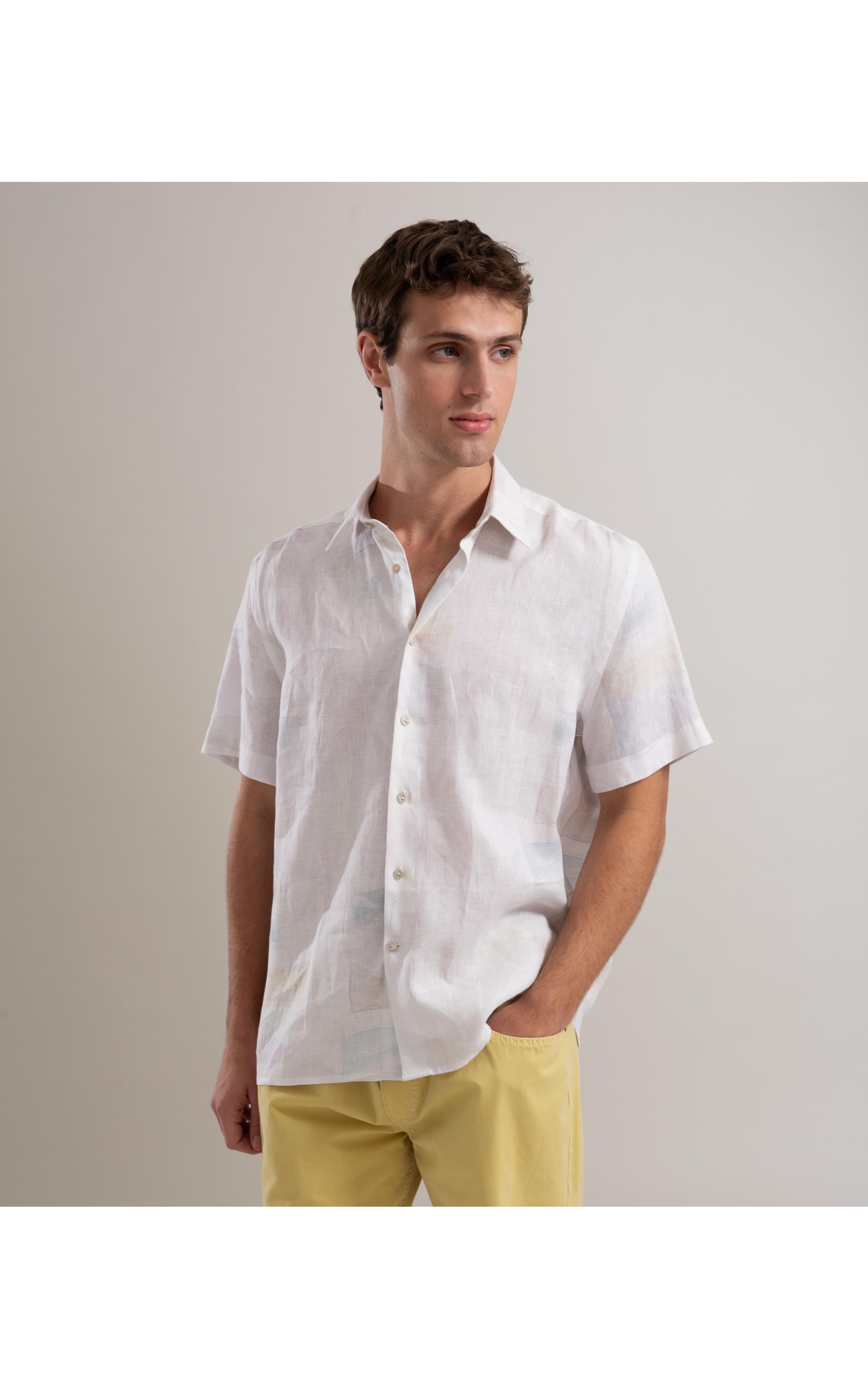 Camisa Linho  Estampado Palmeira Acqua Mc Prata