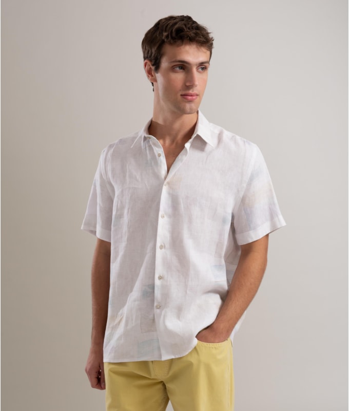 Camisa Linho  Estampado Palmeira Acqua Mc Prata
