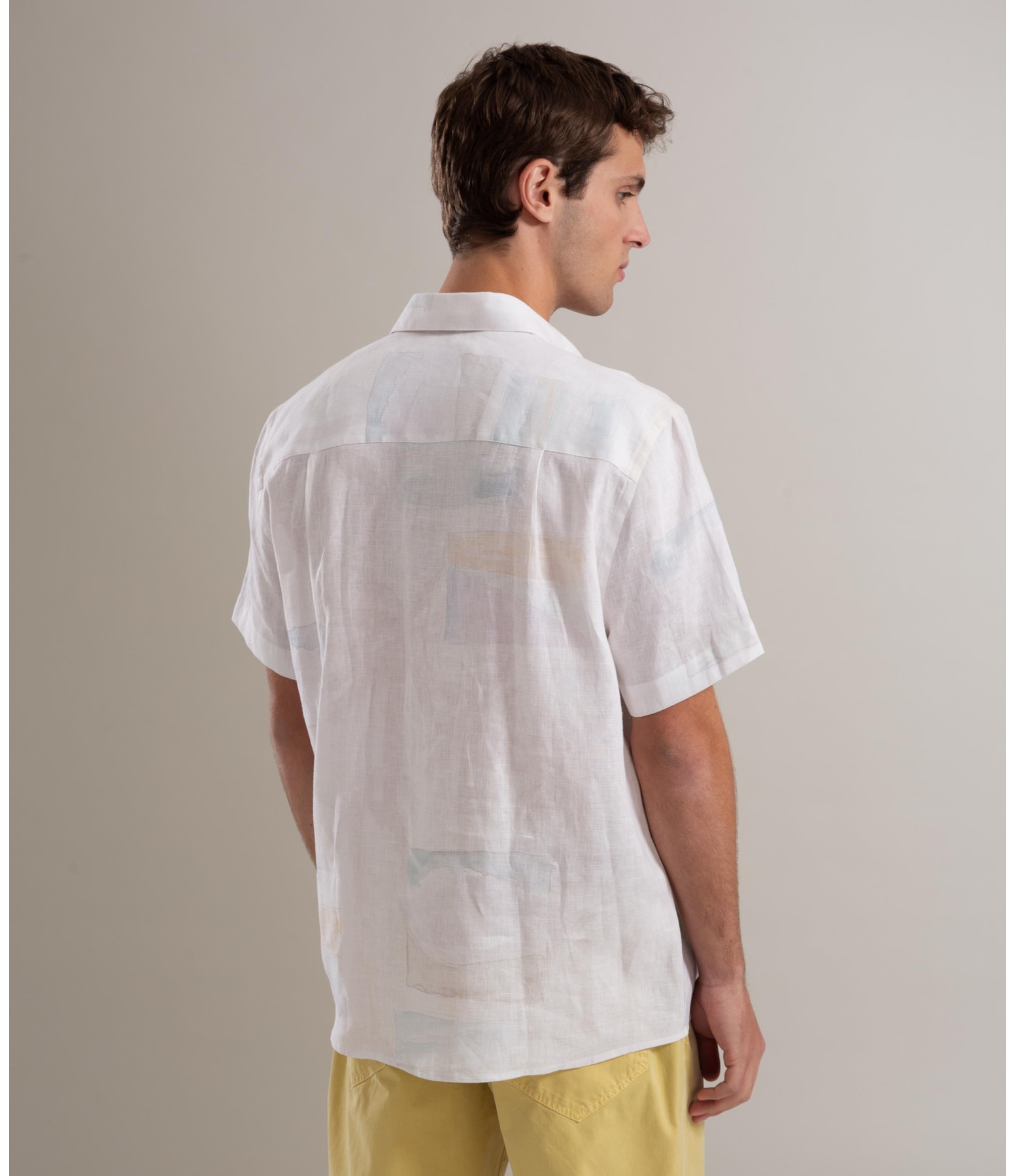 Camisa Linho  Estampado Palmeira Acqua Mc Prata