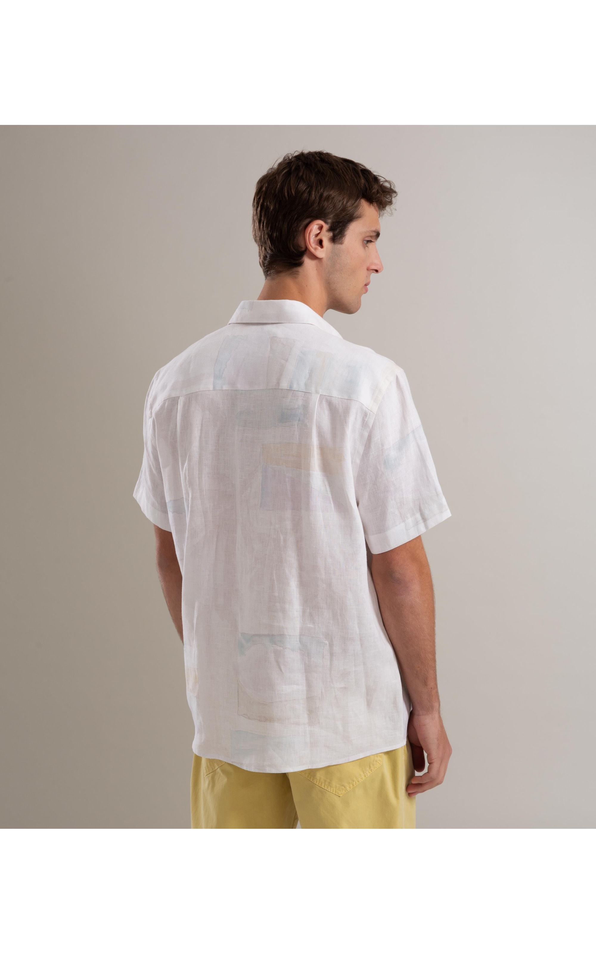 Camisa Linho  Estampado Palmeira Acqua Mc Prata