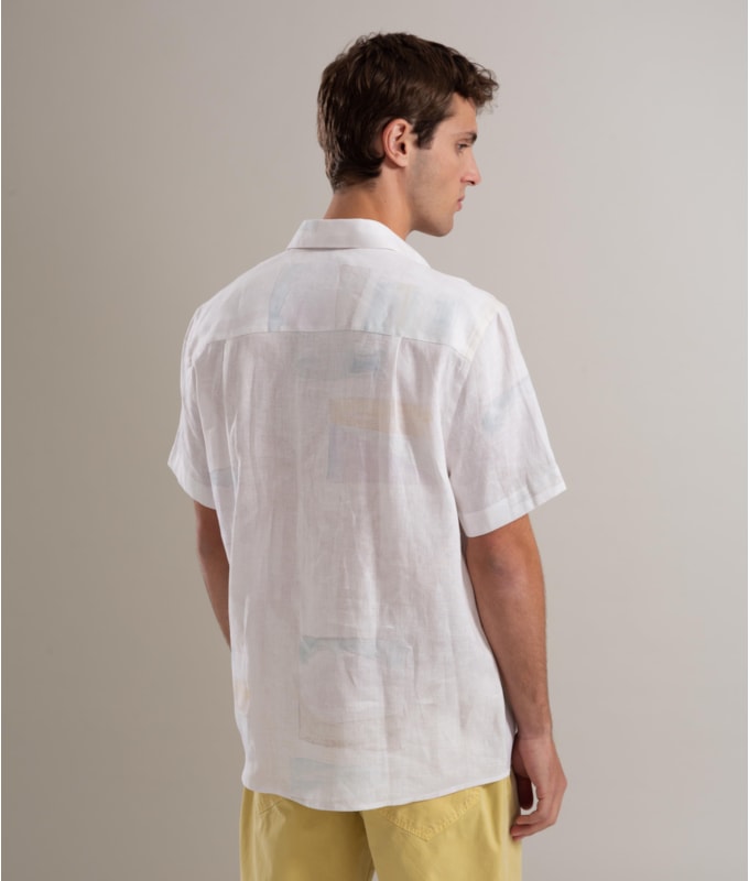 Camisa Linho  Estampado Palmeira Acqua Mc Prata