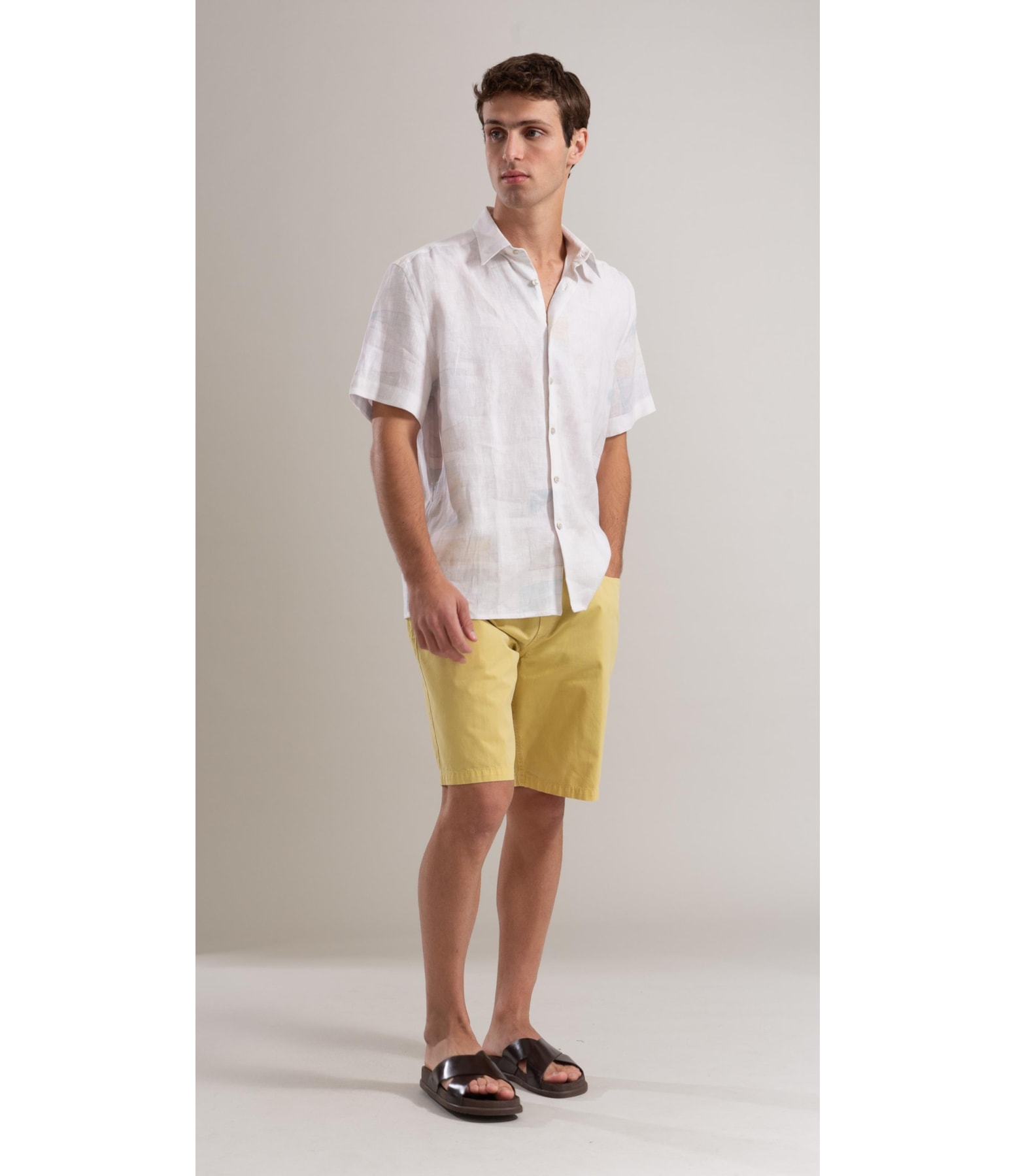 Camisa Linho  Estampado Palmeira Acqua Mc Prata