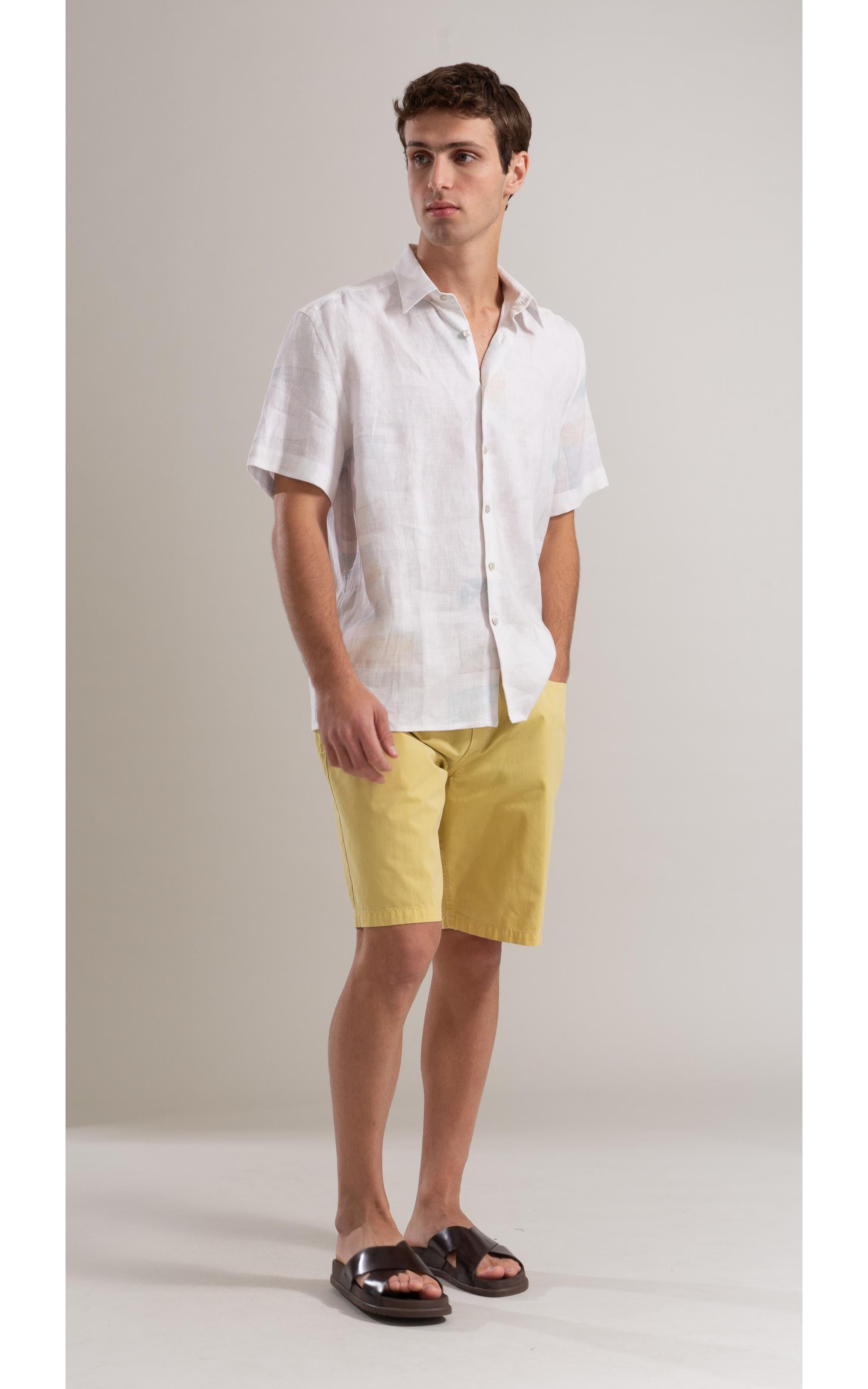 Camisa Linho  Estampado Palmeira Acqua Mc Prata