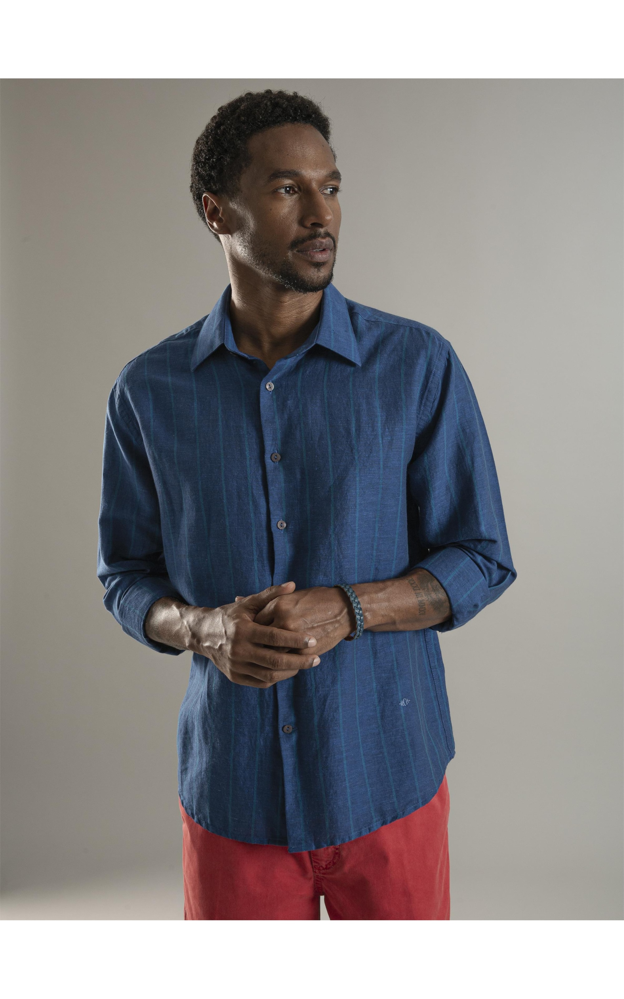 Camisa Linho  Felipe Ml Purple Blue