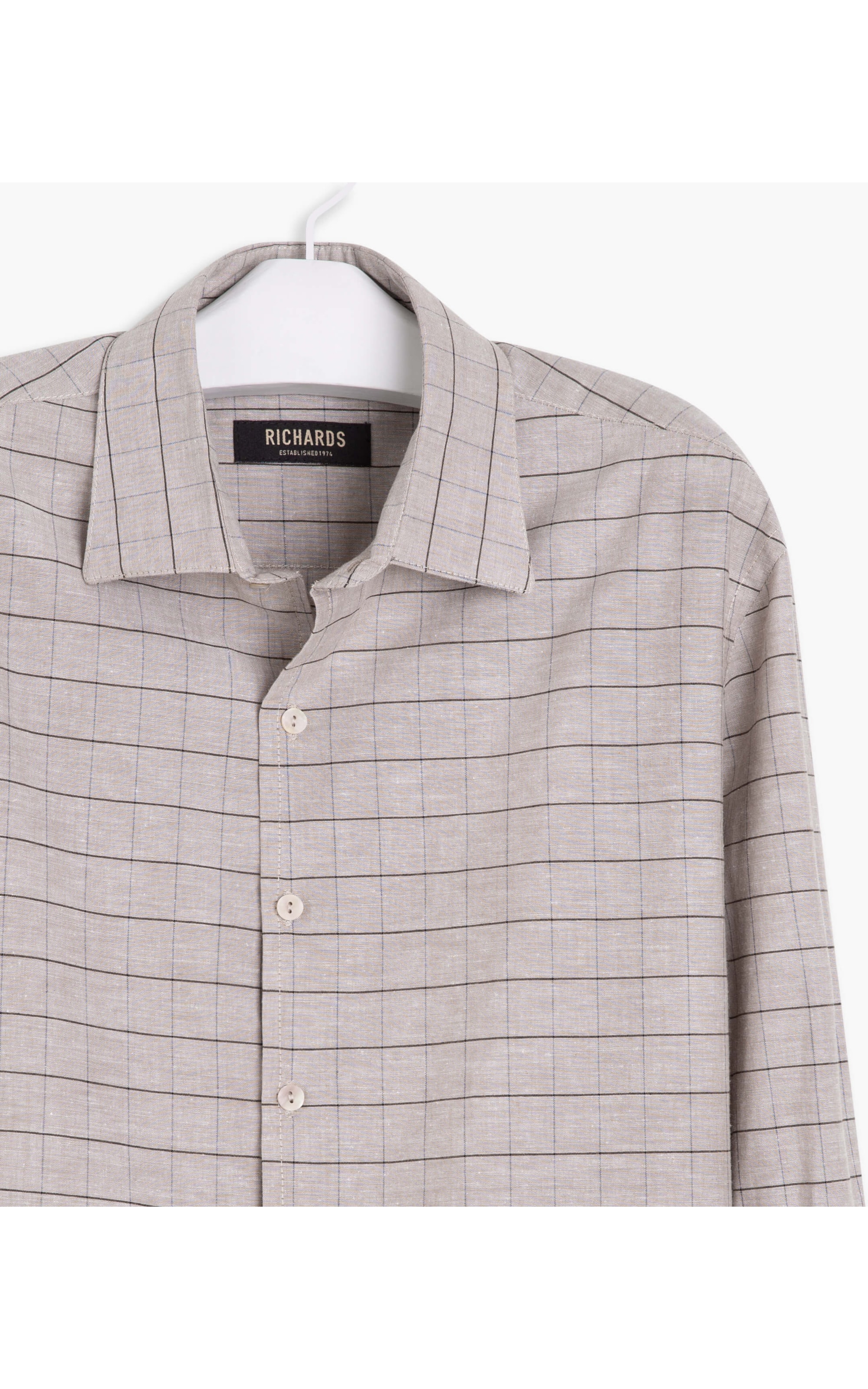 Camisa Linho  James Xadrez Ml Cinza Medio