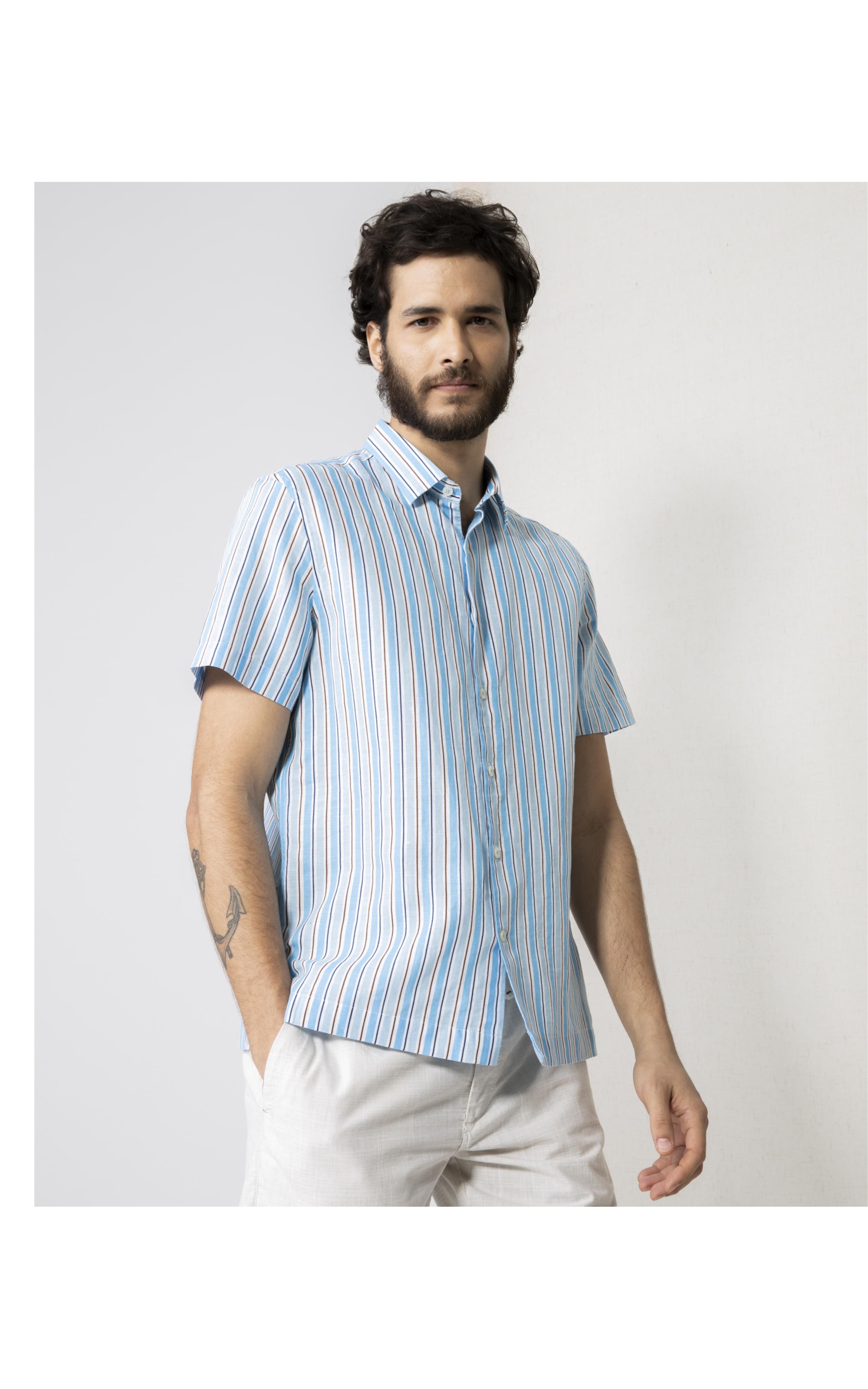 Camisa Linho  Listrada Azul