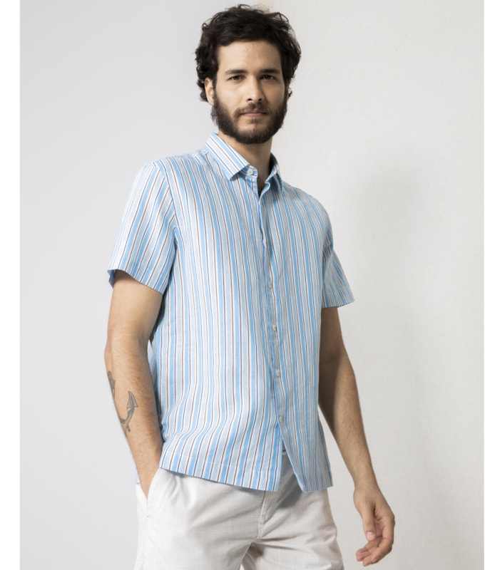 Camisa Linho  Listrada Azul