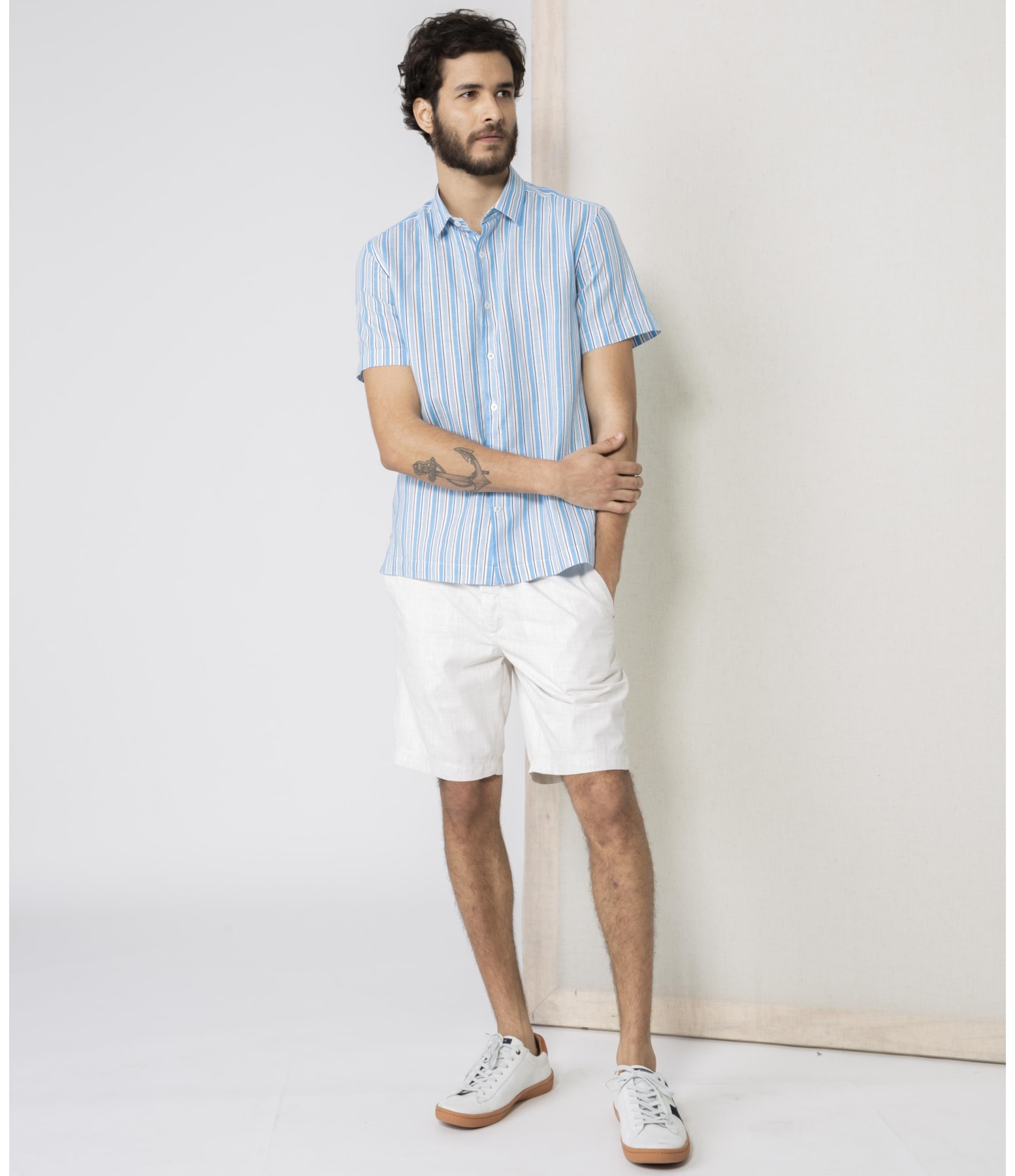 Camisa Linho  Listrada Azul