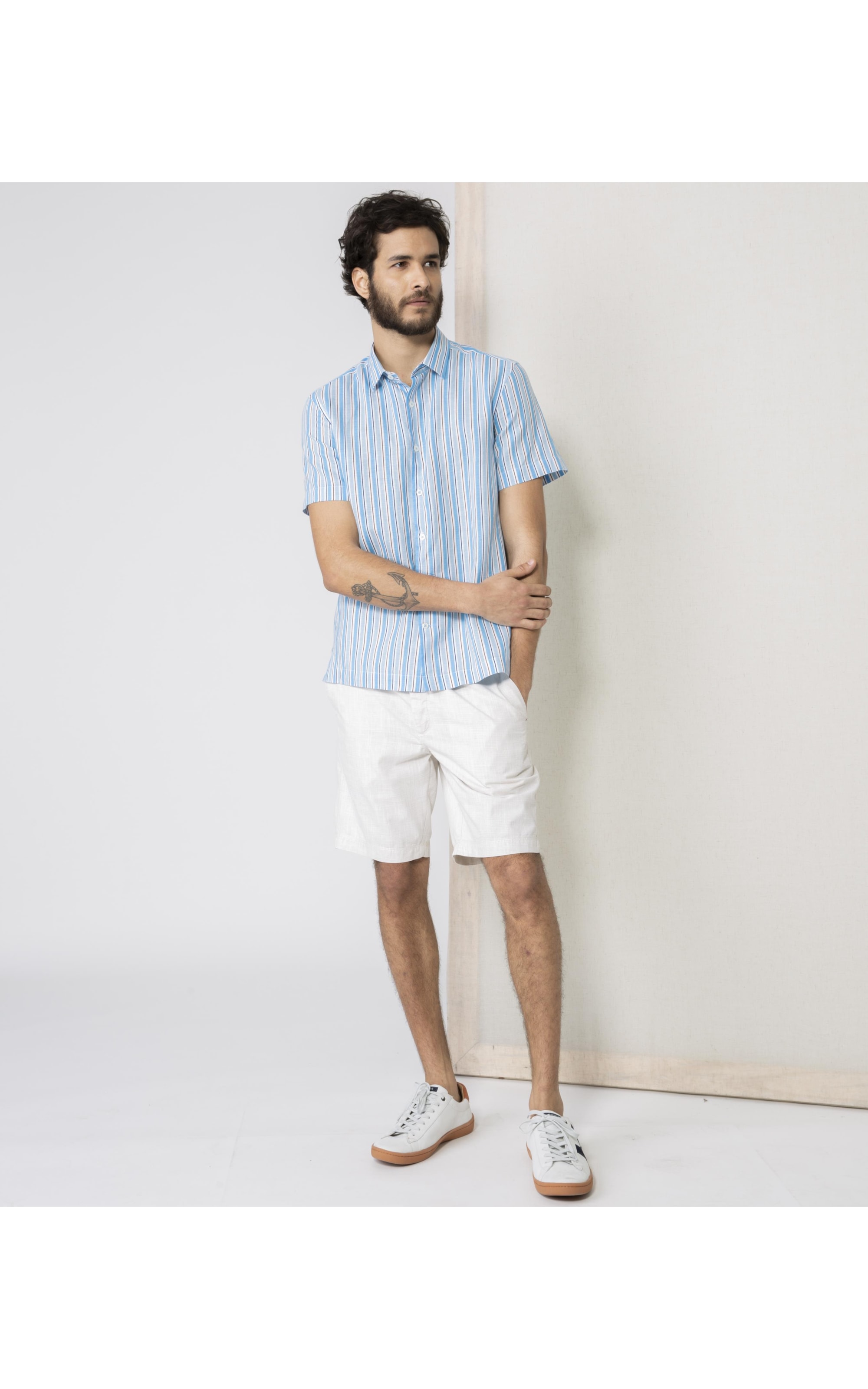 Camisa Linho  Listrada Azul