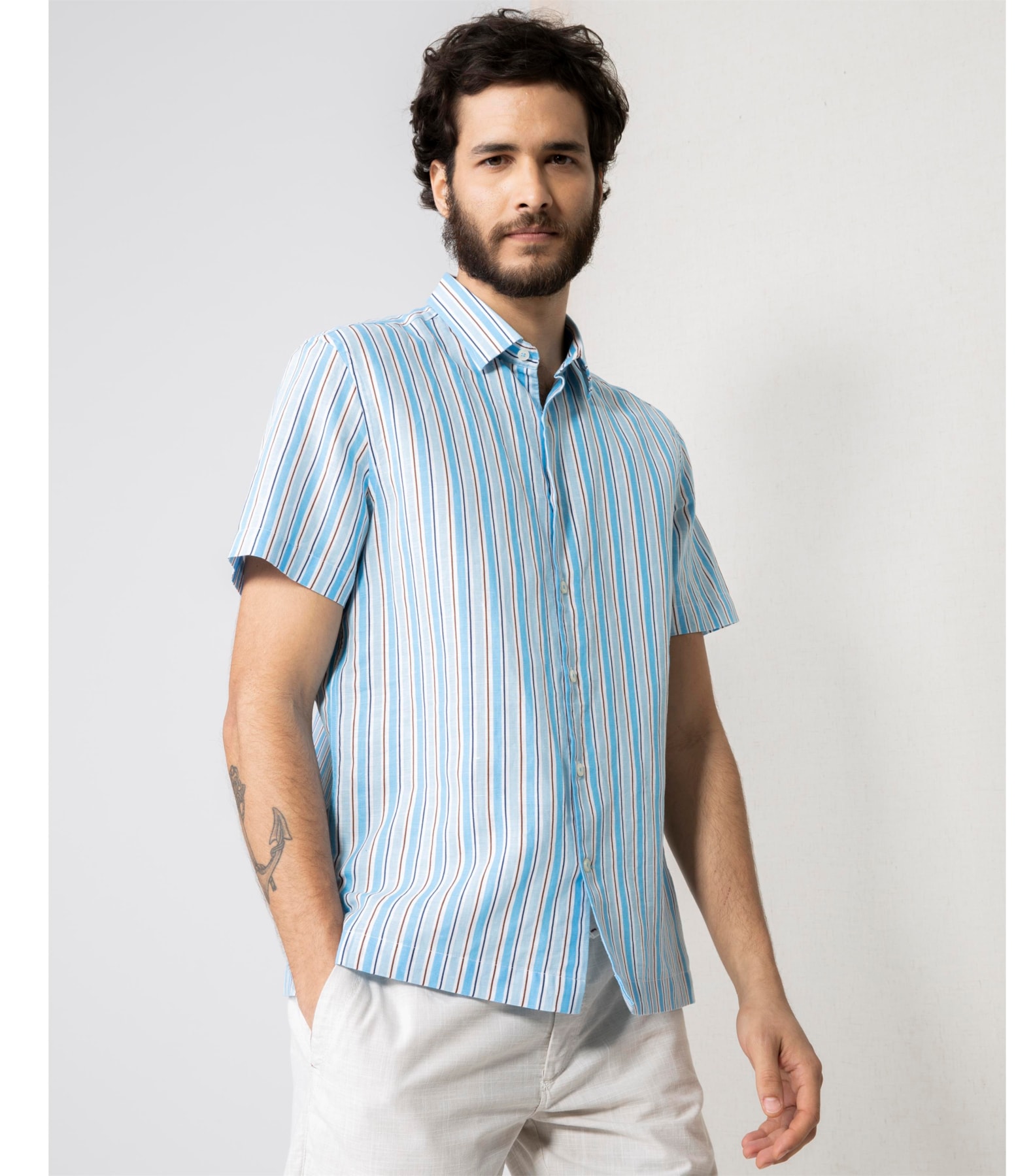 Camisa Linho  Listrada Azul