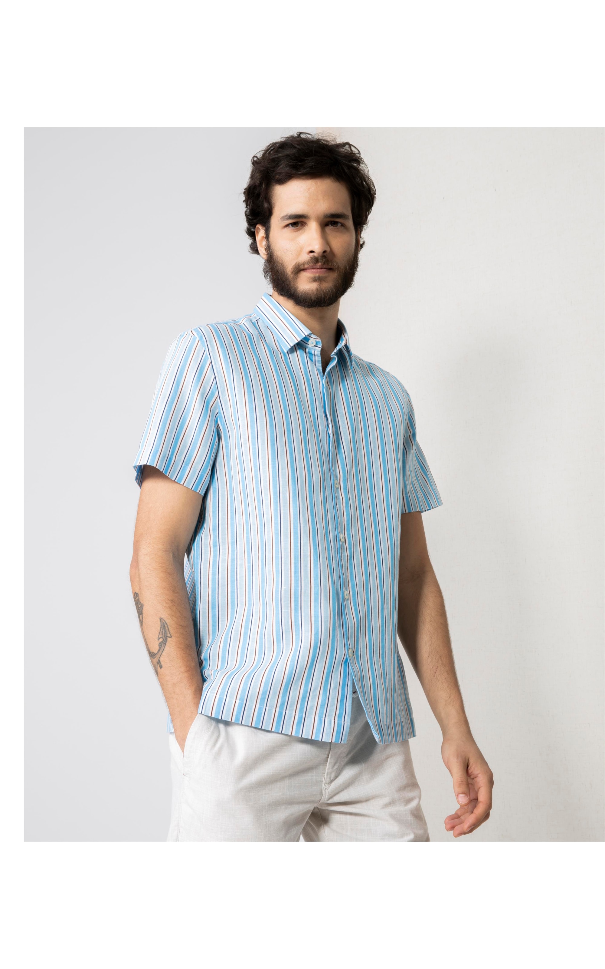 Camisa Linho  Listrada Azul