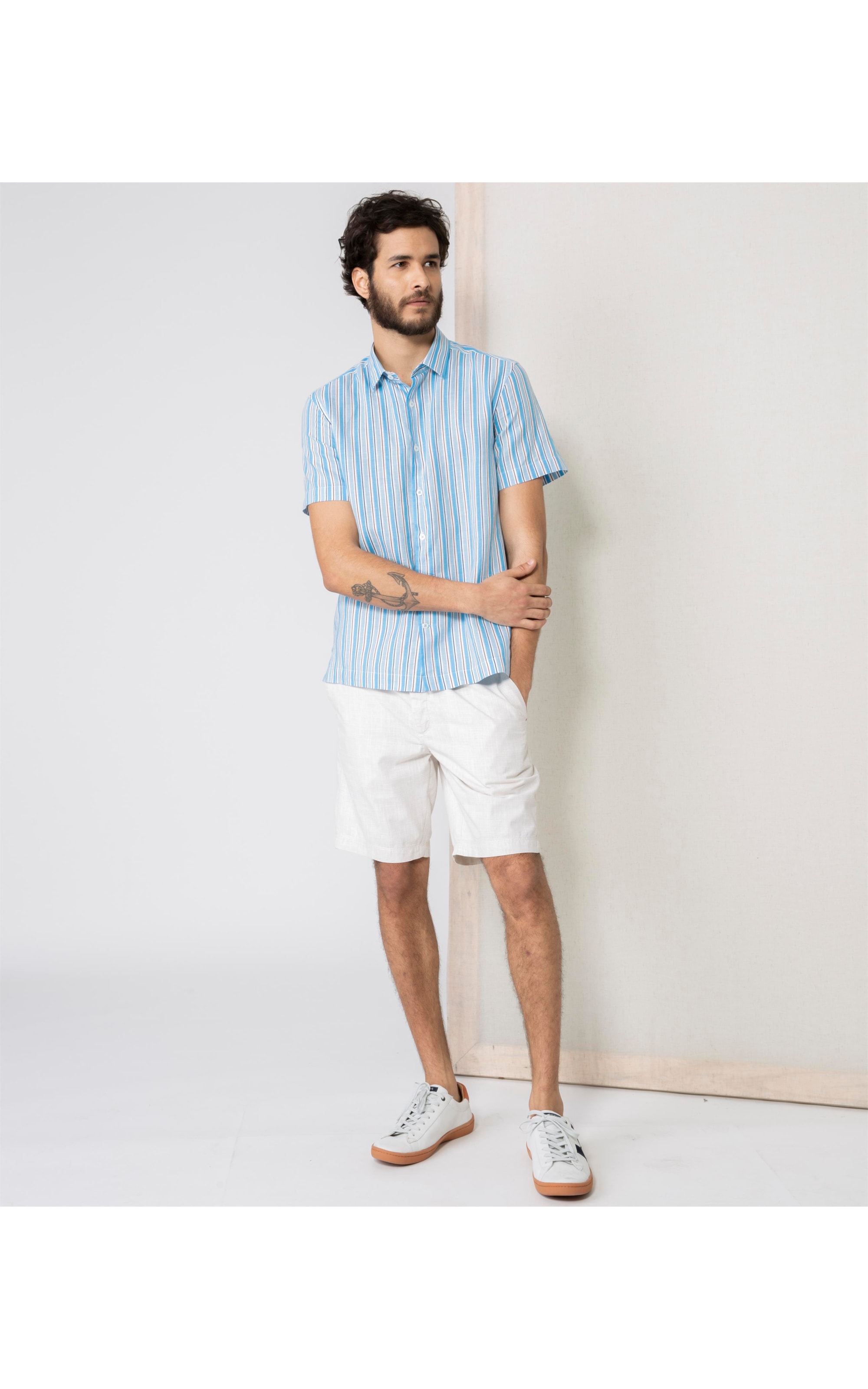 Camisa Linho  Listrada Azul