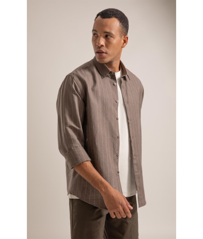 Camisa Linho  Listrada Emerson Ml Tabaco