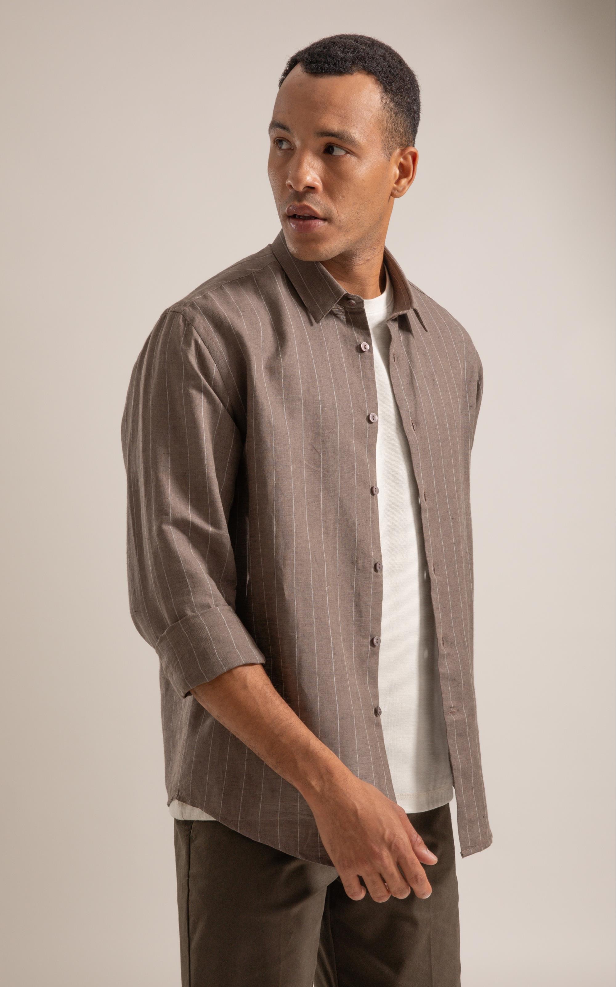 Camisa Linho  Listrada Emerson Ml Tabaco