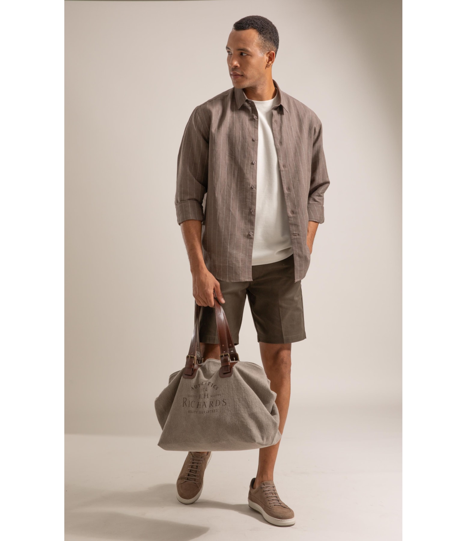 Camisa Linho  Listrada Emerson Ml Tabaco