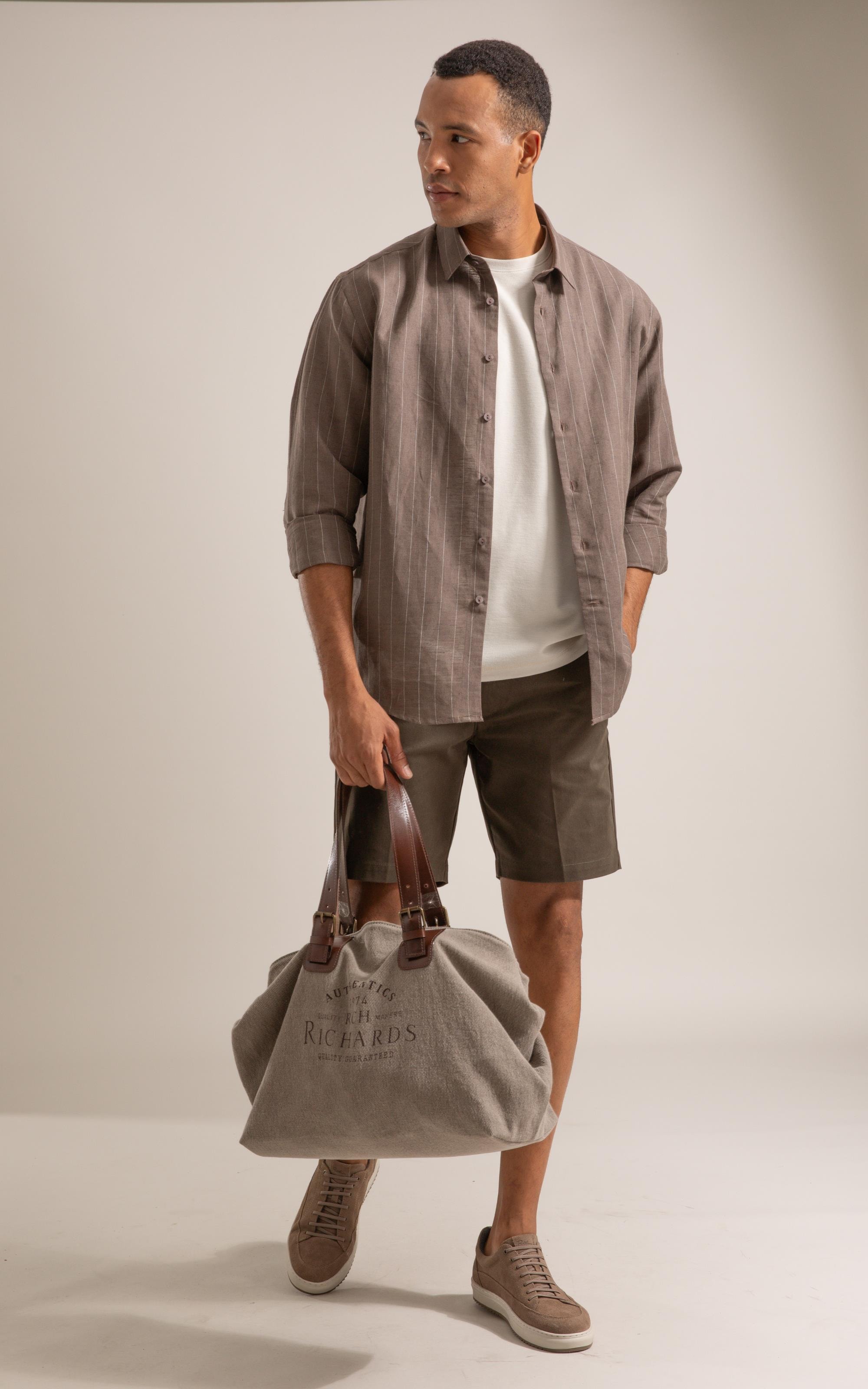 Camisa Linho  Listrada Emerson Ml Tabaco