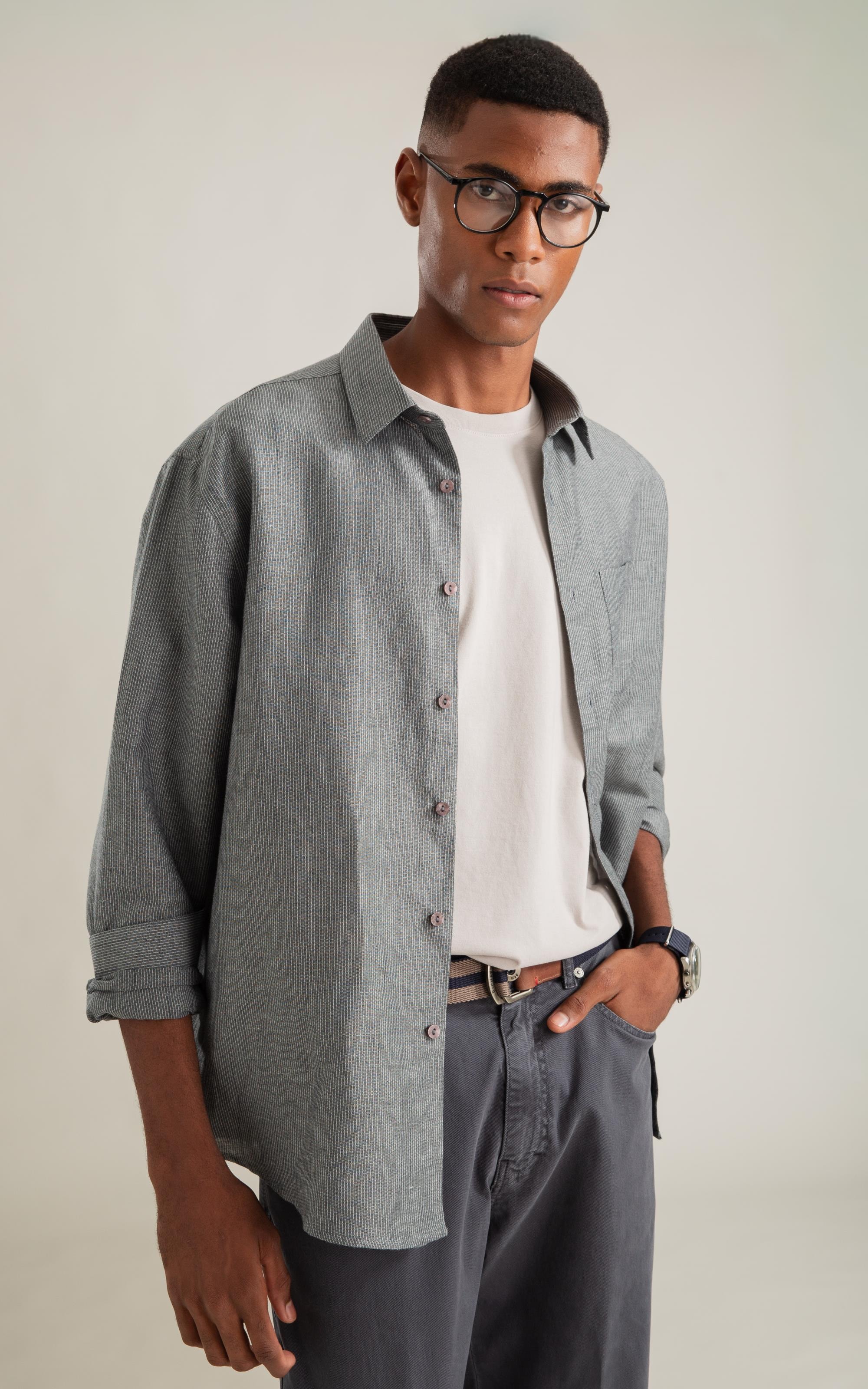 Camisa Linho  Listrada James Tabaco