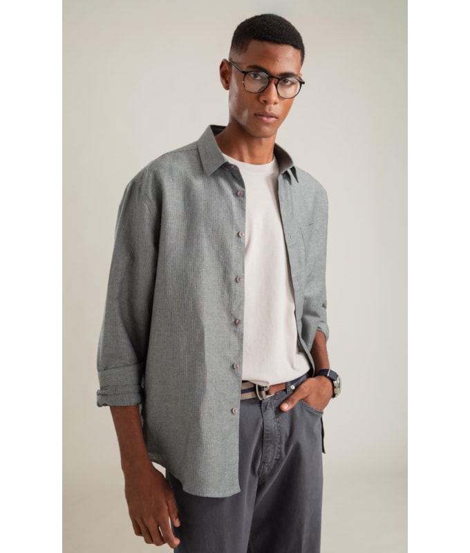 Camisa Linho  Listrada James Tabaco