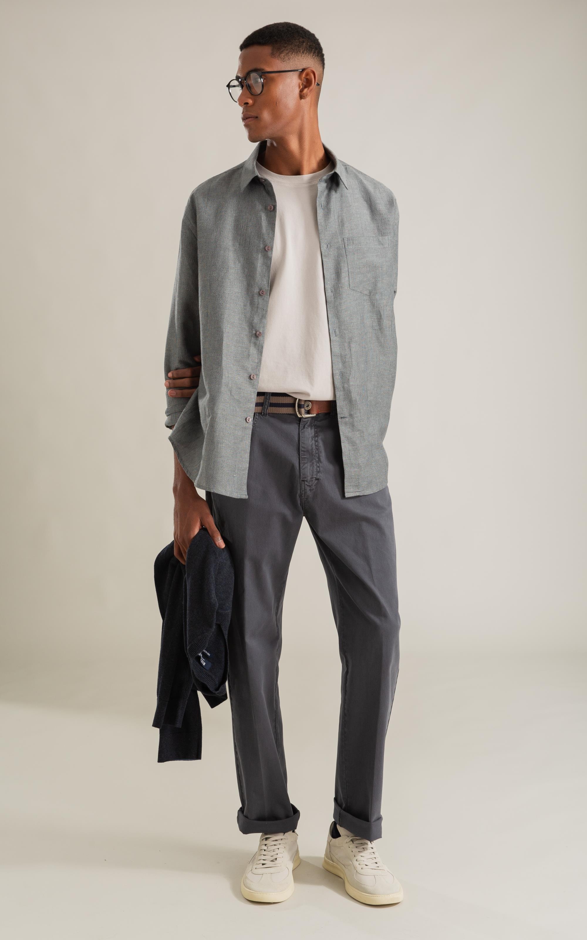 Camisa Linho  Listrada James Tabaco