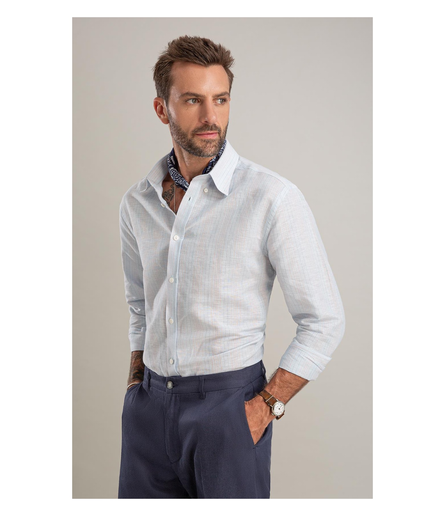 Camisa Linho  Listrado Alexandre Ml Azul Claro