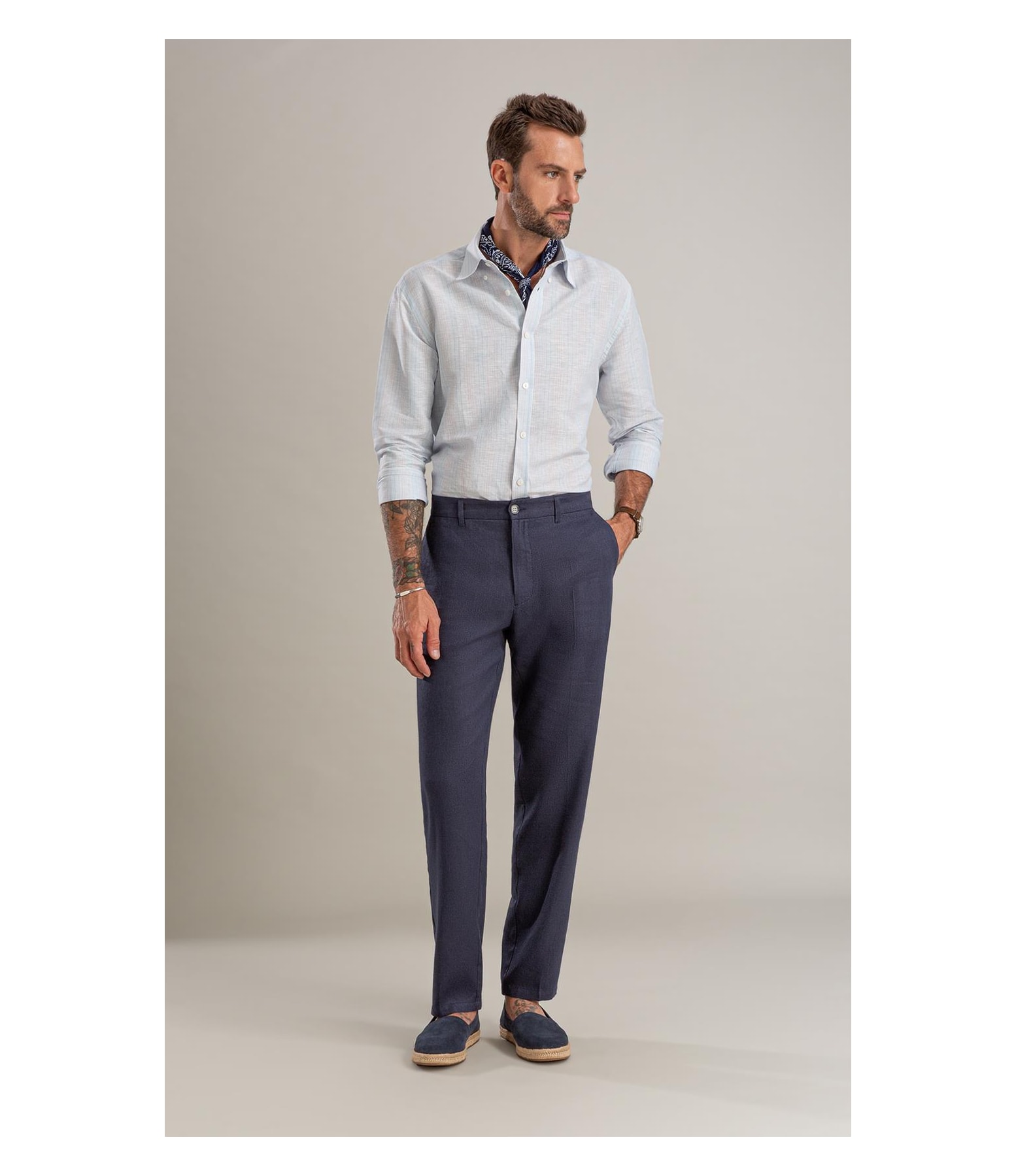 Camisa Linho  Listrado Alexandre Ml Azul Claro