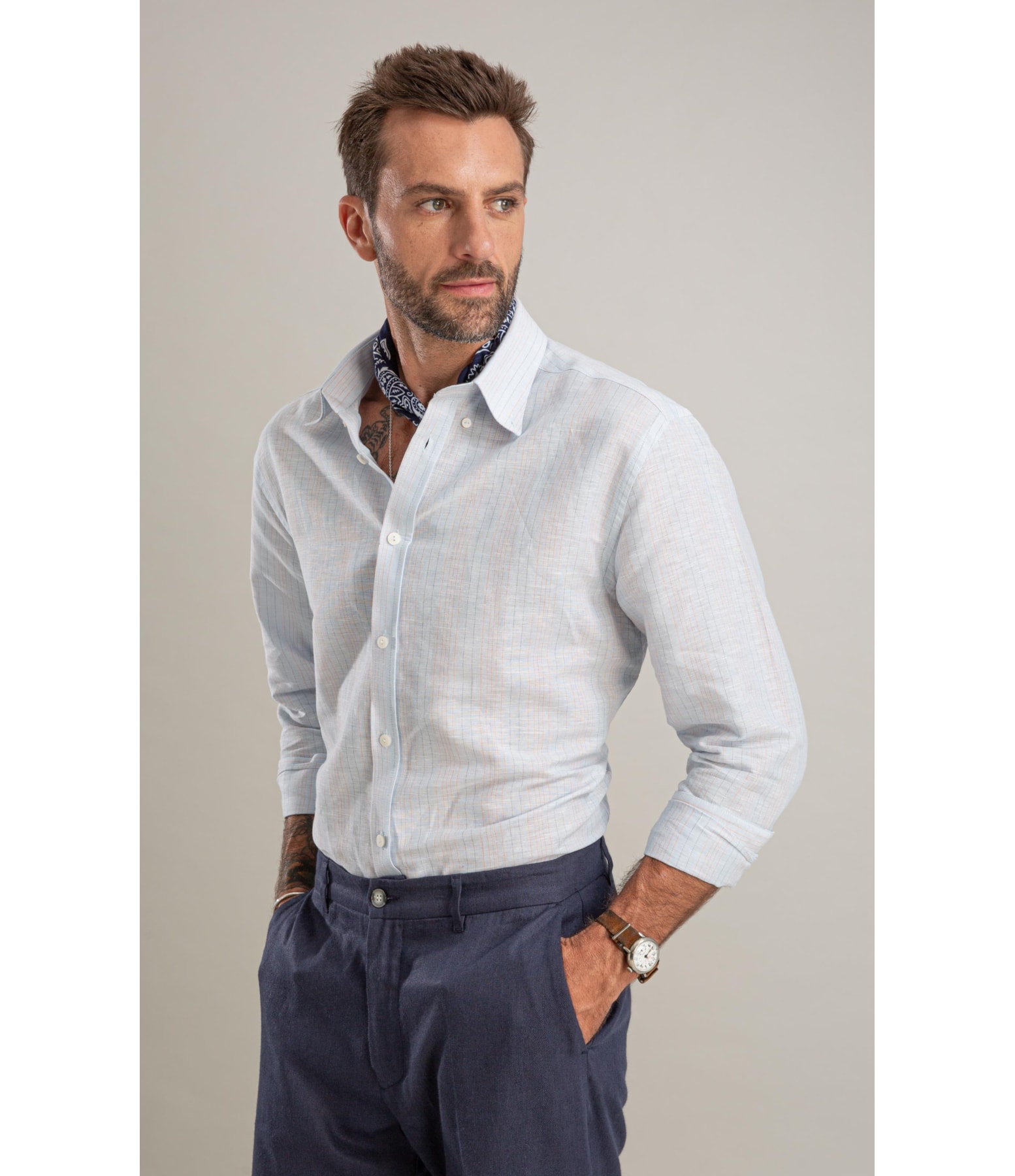 Camisa Linho  Listrado Alexandre Ml Azul Claro