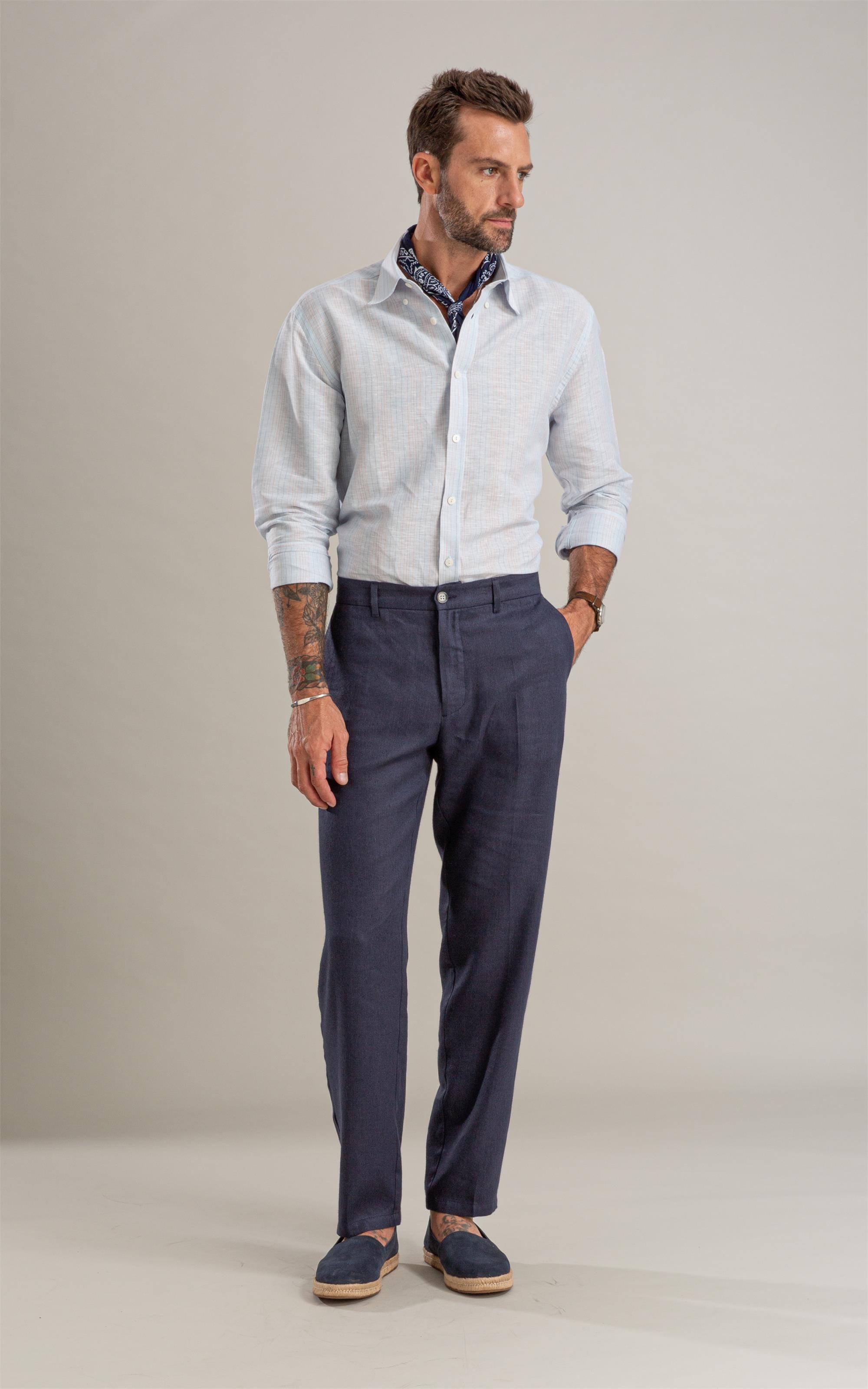 Camisa Linho  Listrado Alexandre Ml Azul Claro