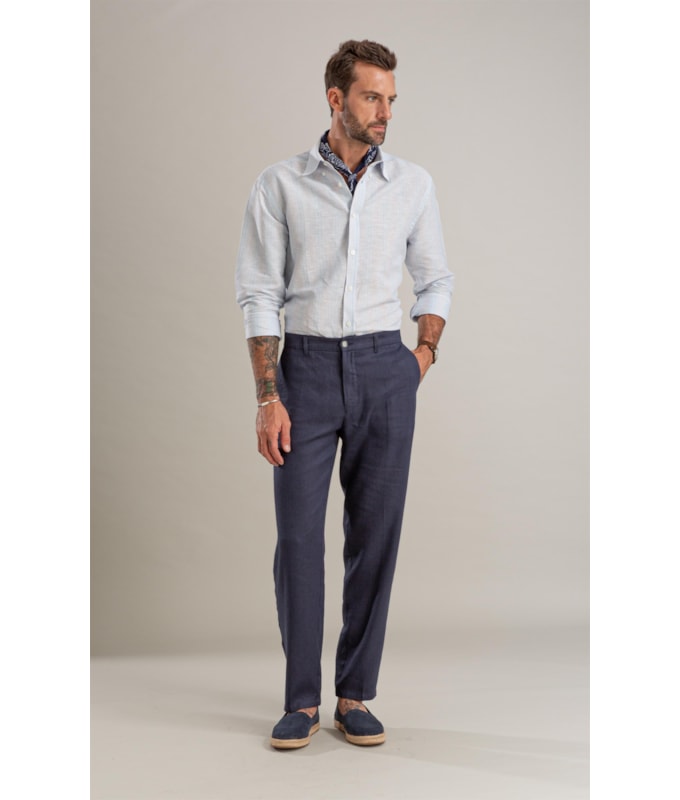 Camisa Linho  Listrado Alexandre Ml Azul Claro