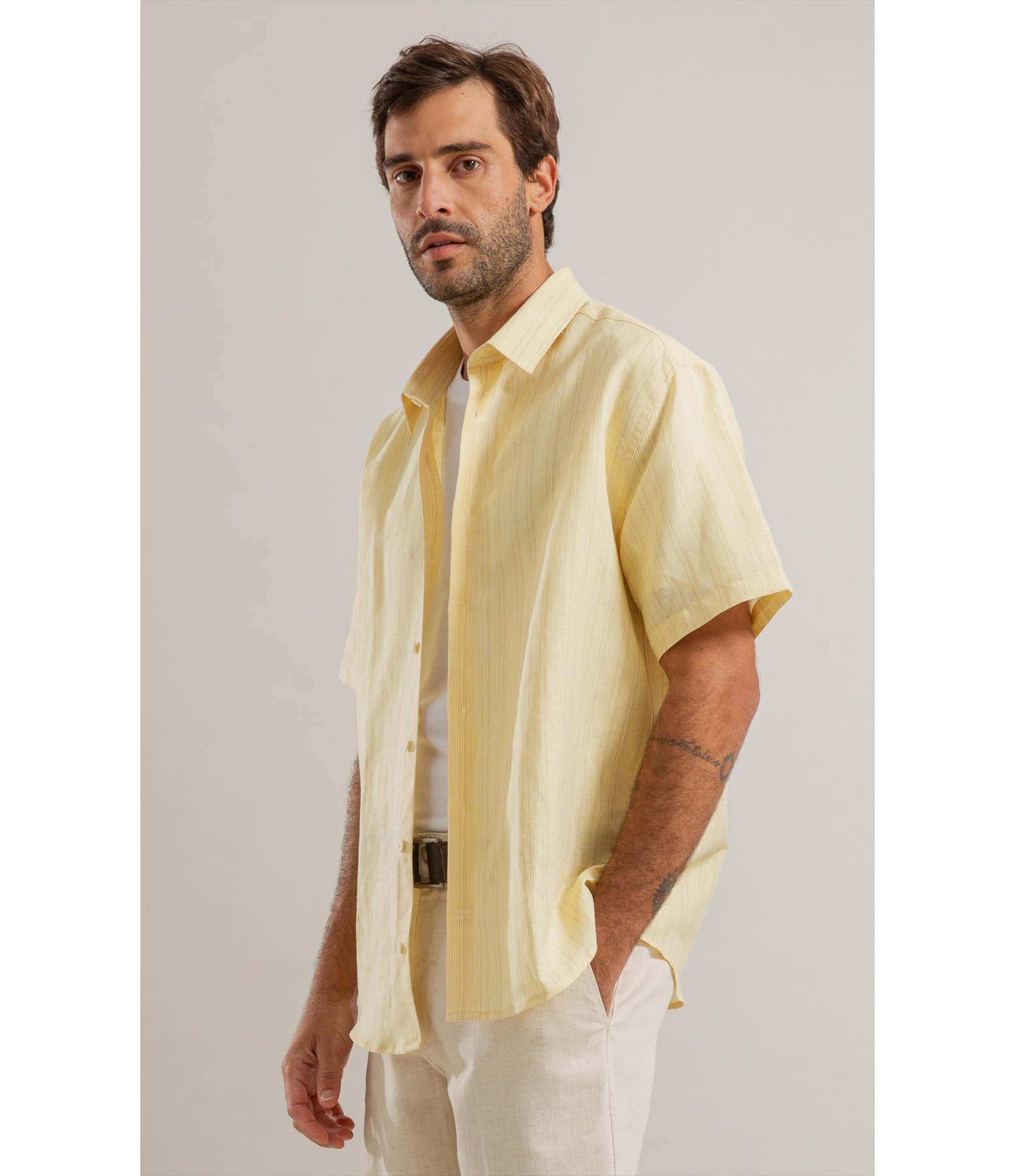 Camisa Linho  Listrado Augusto Ml Amarelo Claro