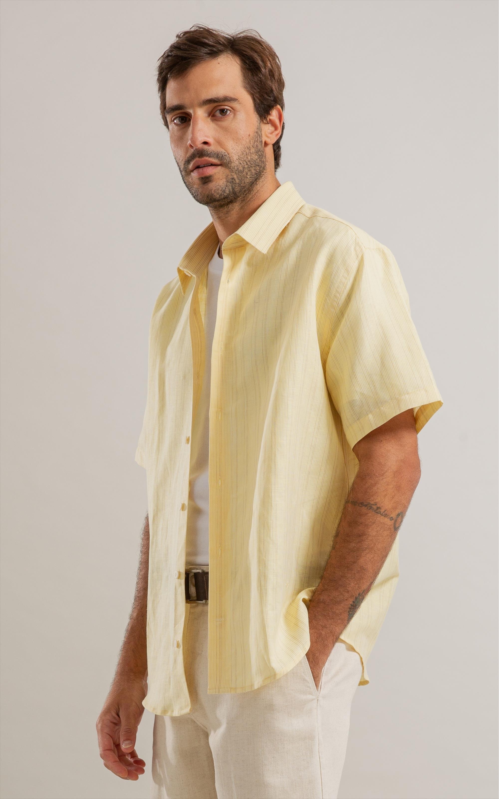Camisa Linho  Listrado Augusto Ml Amarelo Claro