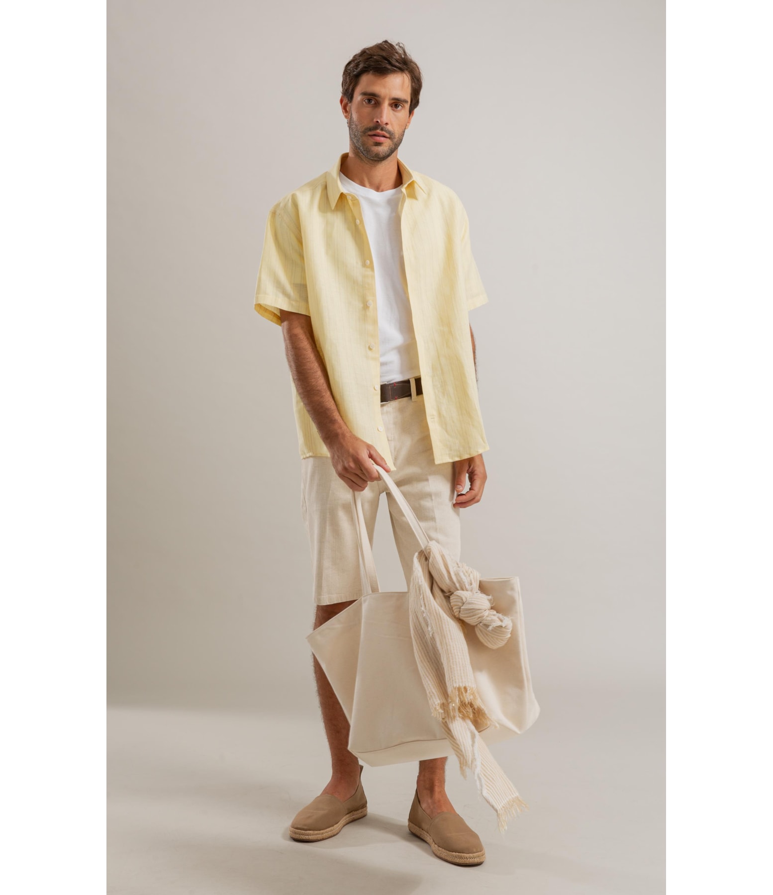 Camisa Linho  Listrado Augusto Ml Amarelo Claro