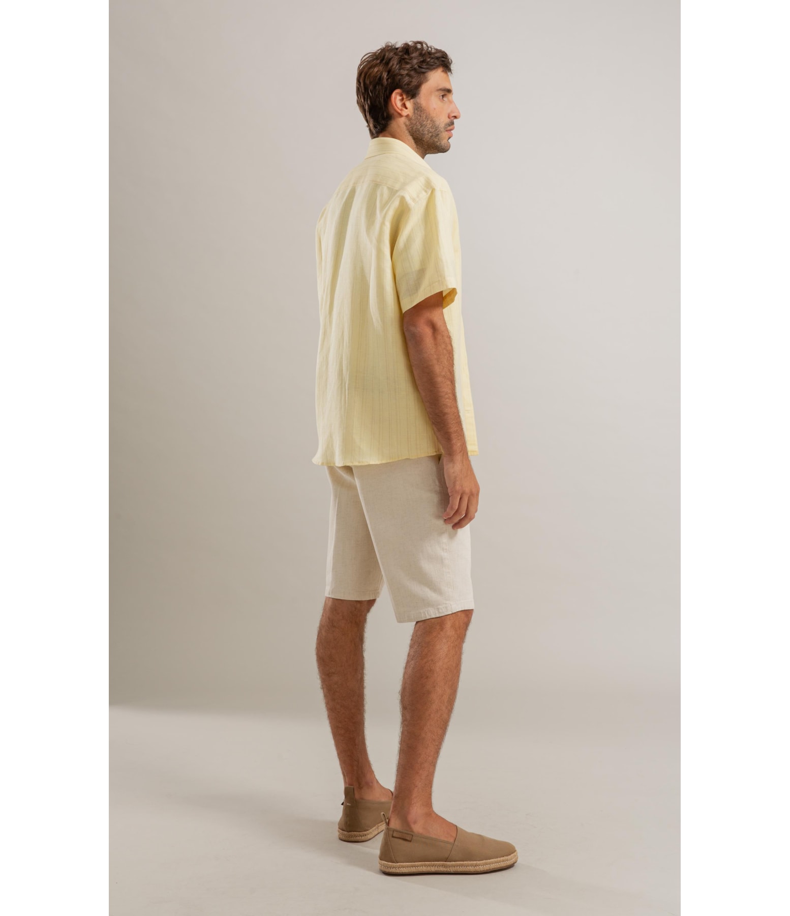 Camisa Linho  Listrado Augusto Ml Amarelo Claro