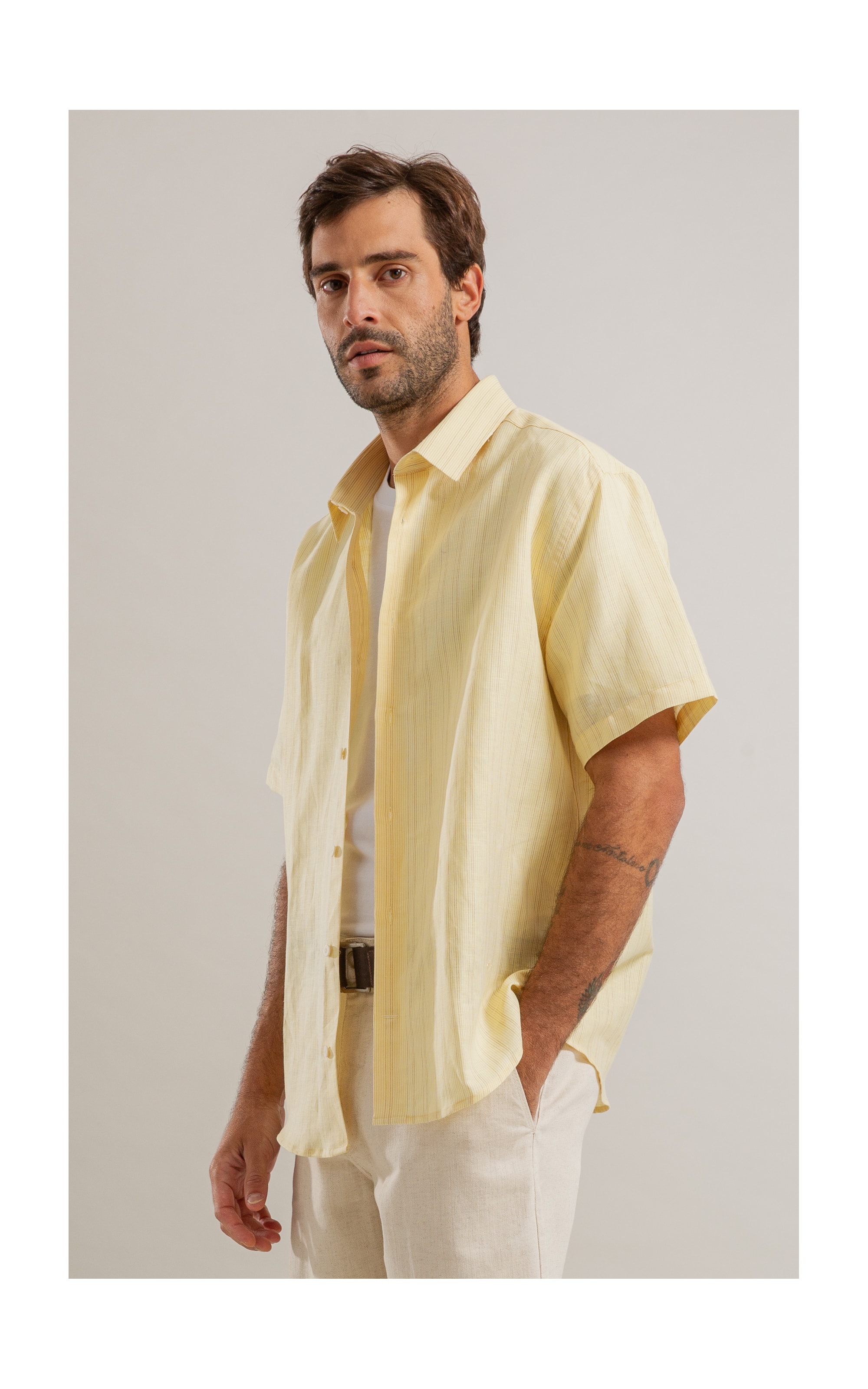Camisa Linho  Listrado Augusto Ml Amarelo Claro