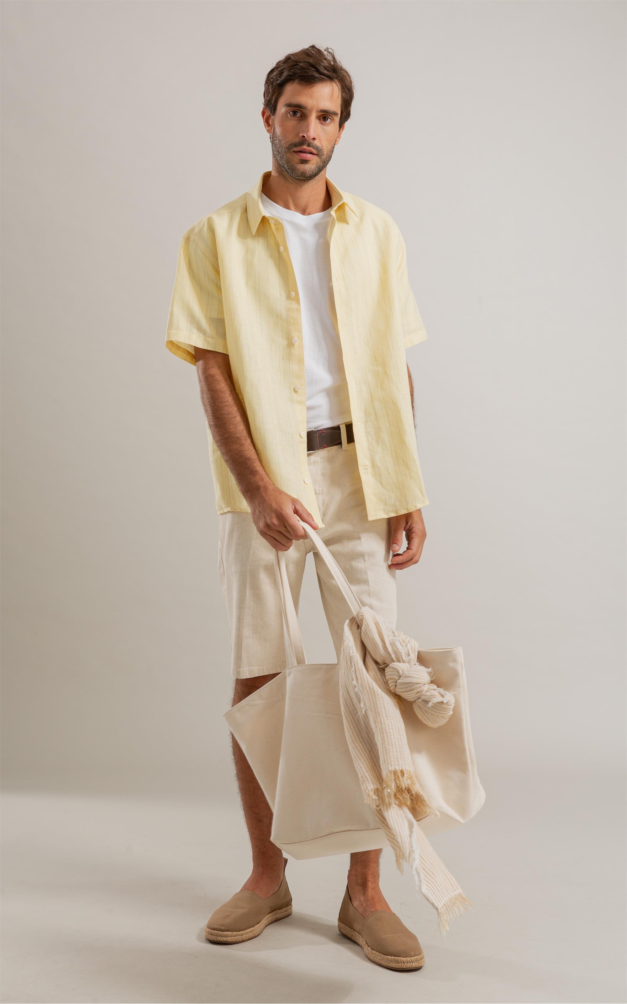 Camisa Linho  Listrado Augusto Ml Amarelo Claro