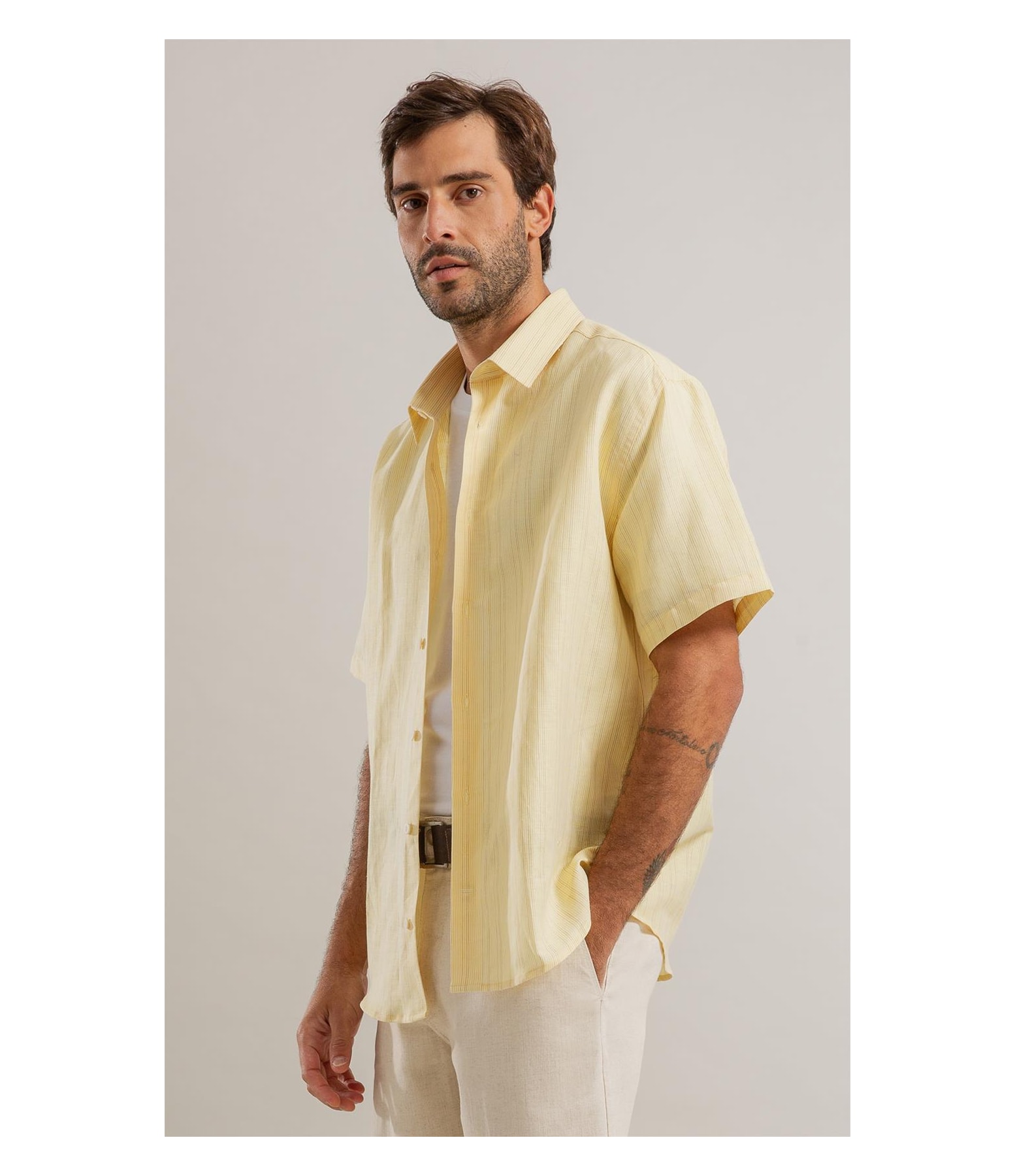 Camisa Linho  Listrado Augusto Ml Amarelo Claro