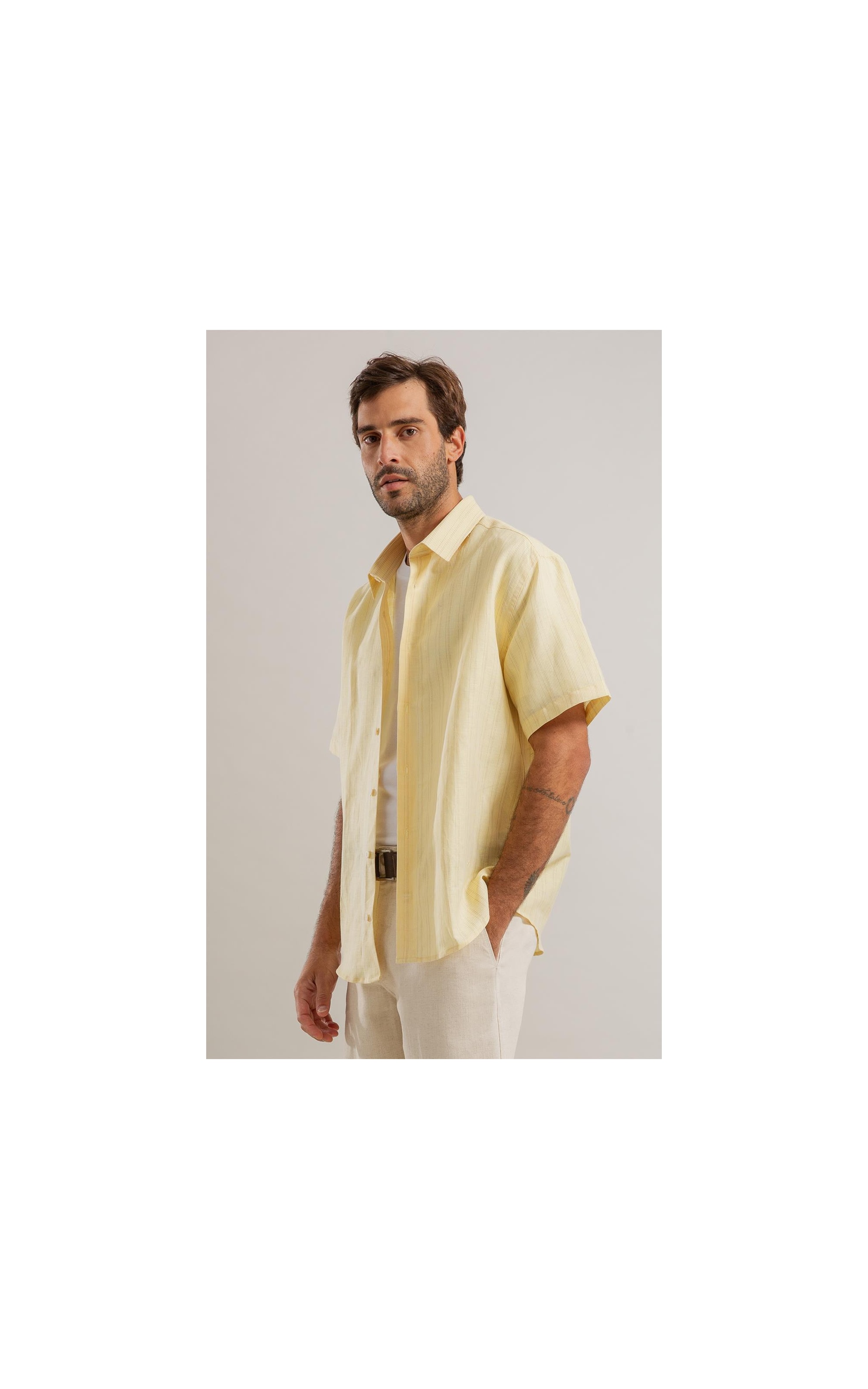 Camisa Linho  Listrado Augusto Ml Amarelo Claro