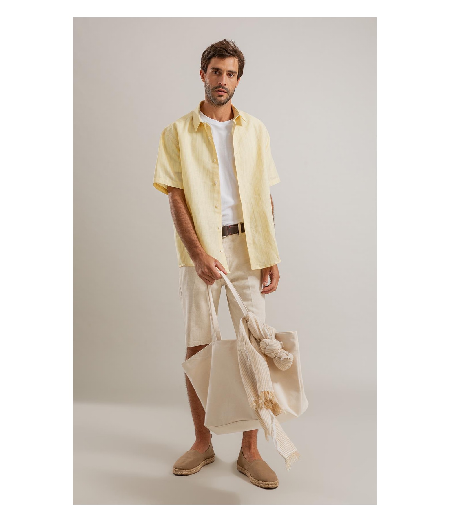 Camisa Linho  Listrado Augusto Ml Amarelo Claro