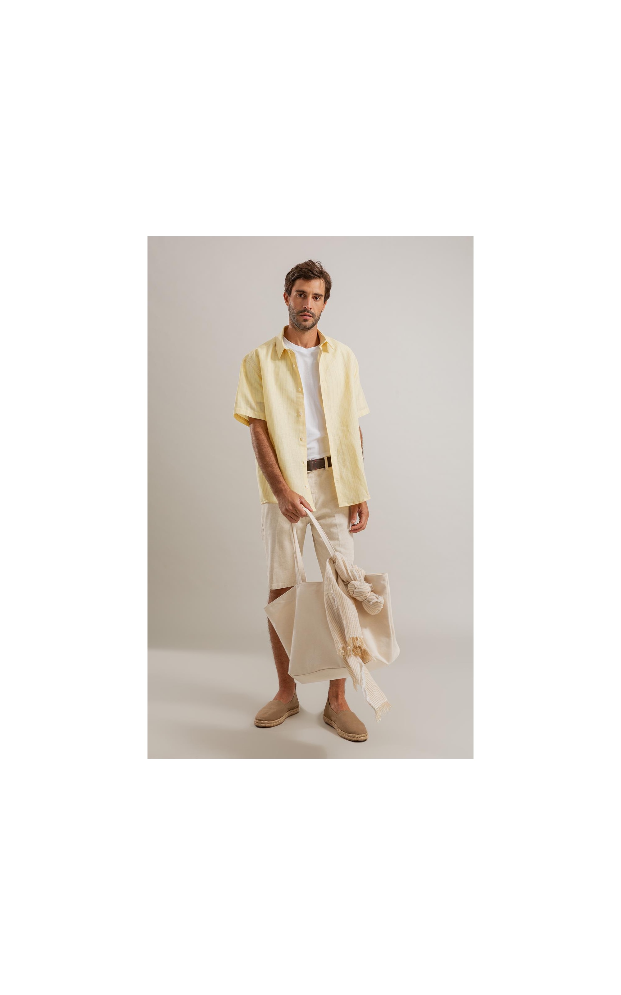 Camisa Linho  Listrado Augusto Ml Amarelo Claro