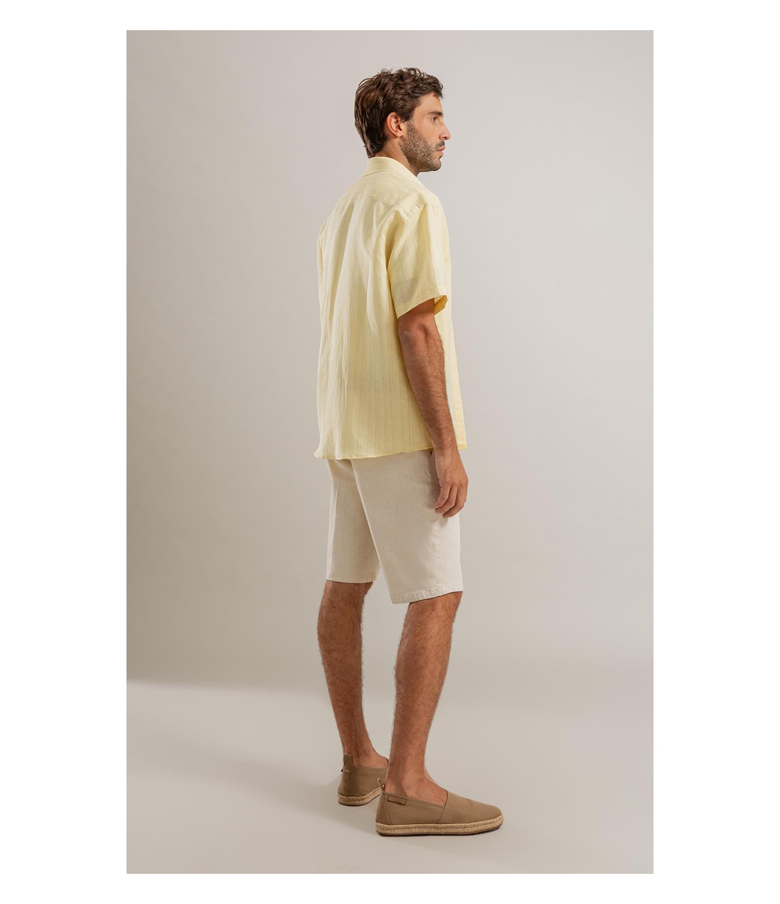 Camisa Linho  Listrado Augusto Ml Amarelo Claro