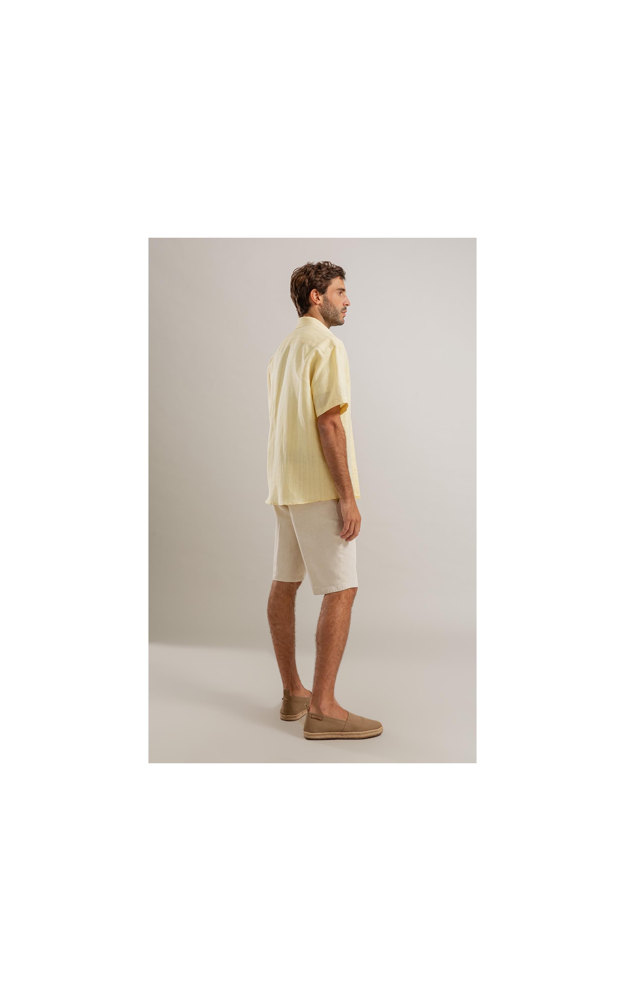 Camisa Linho  Listrado Augusto Ml Amarelo Claro