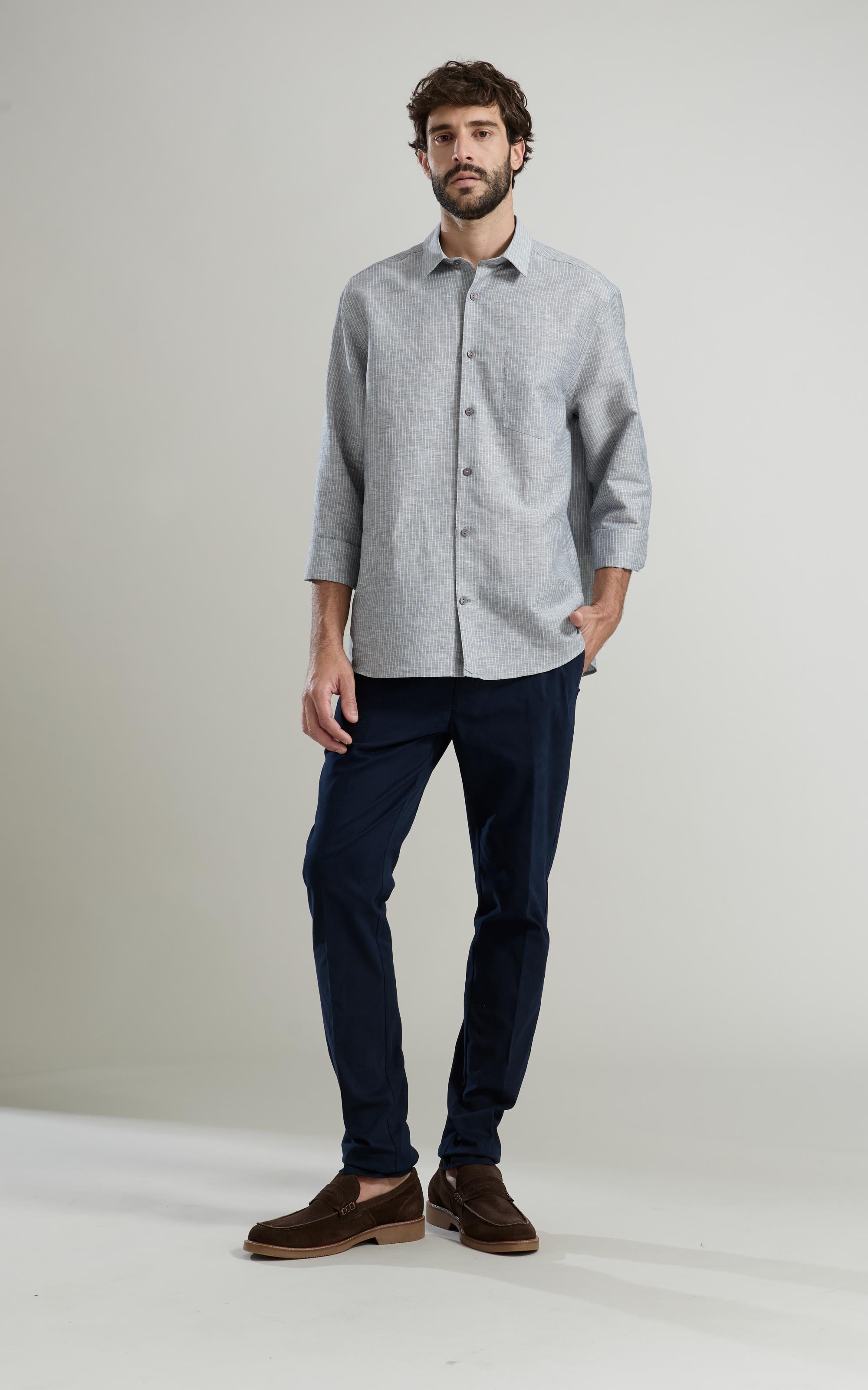 Camisa Linho  Listrado Gabriel Ml Cinza Claro