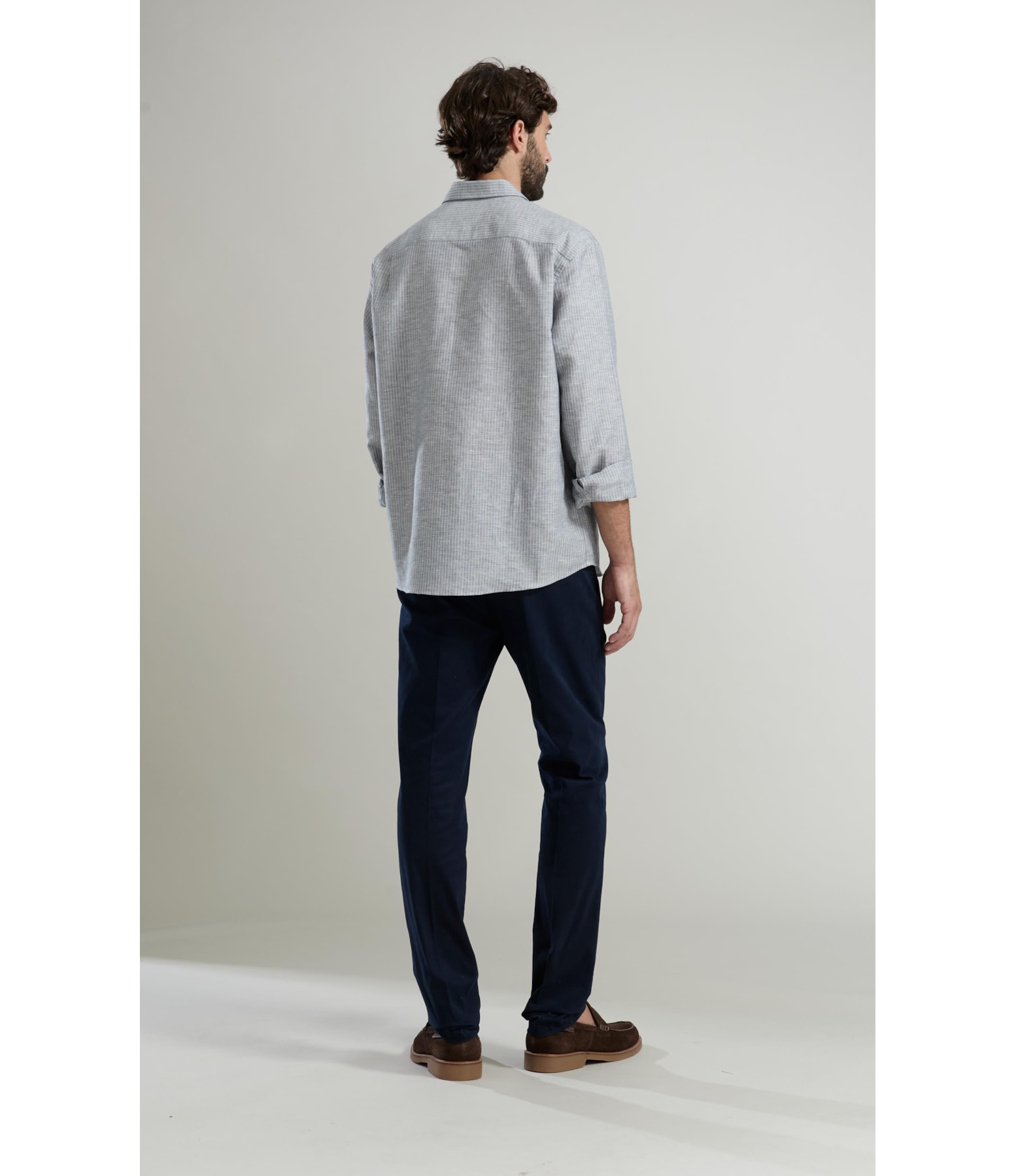 Camisa Linho  Listrado Gabriel Ml Cinza Claro