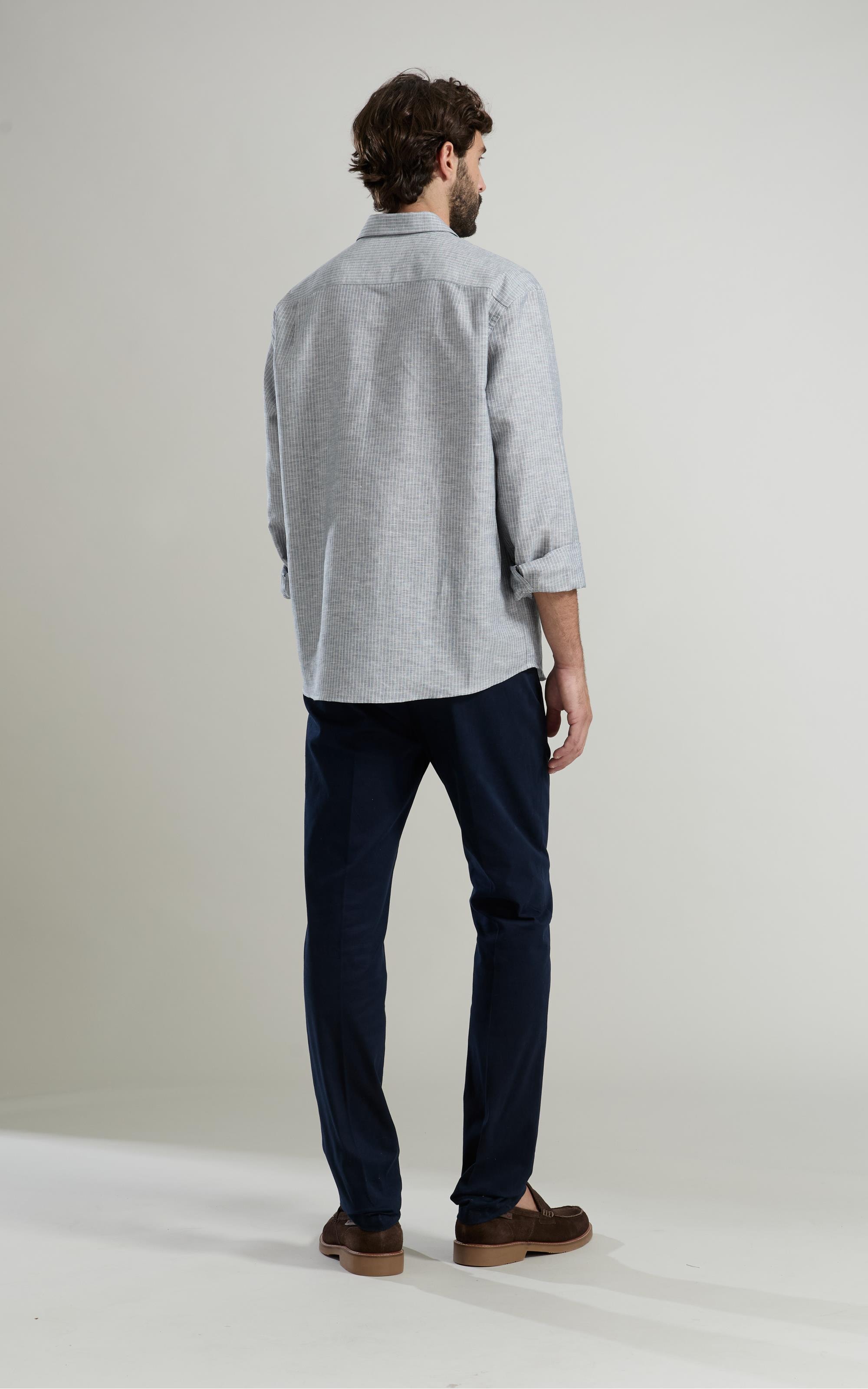 Camisa Linho  Listrado Gabriel Ml Cinza Claro