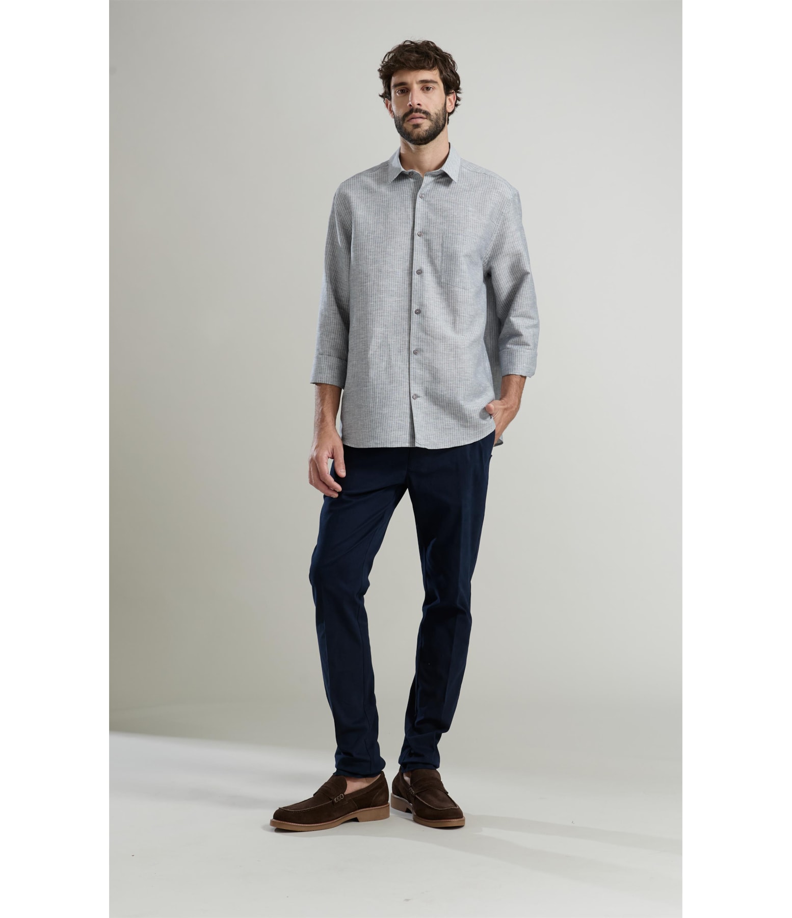 Camisa Linho  Listrado Gabriel Ml Cinza Claro