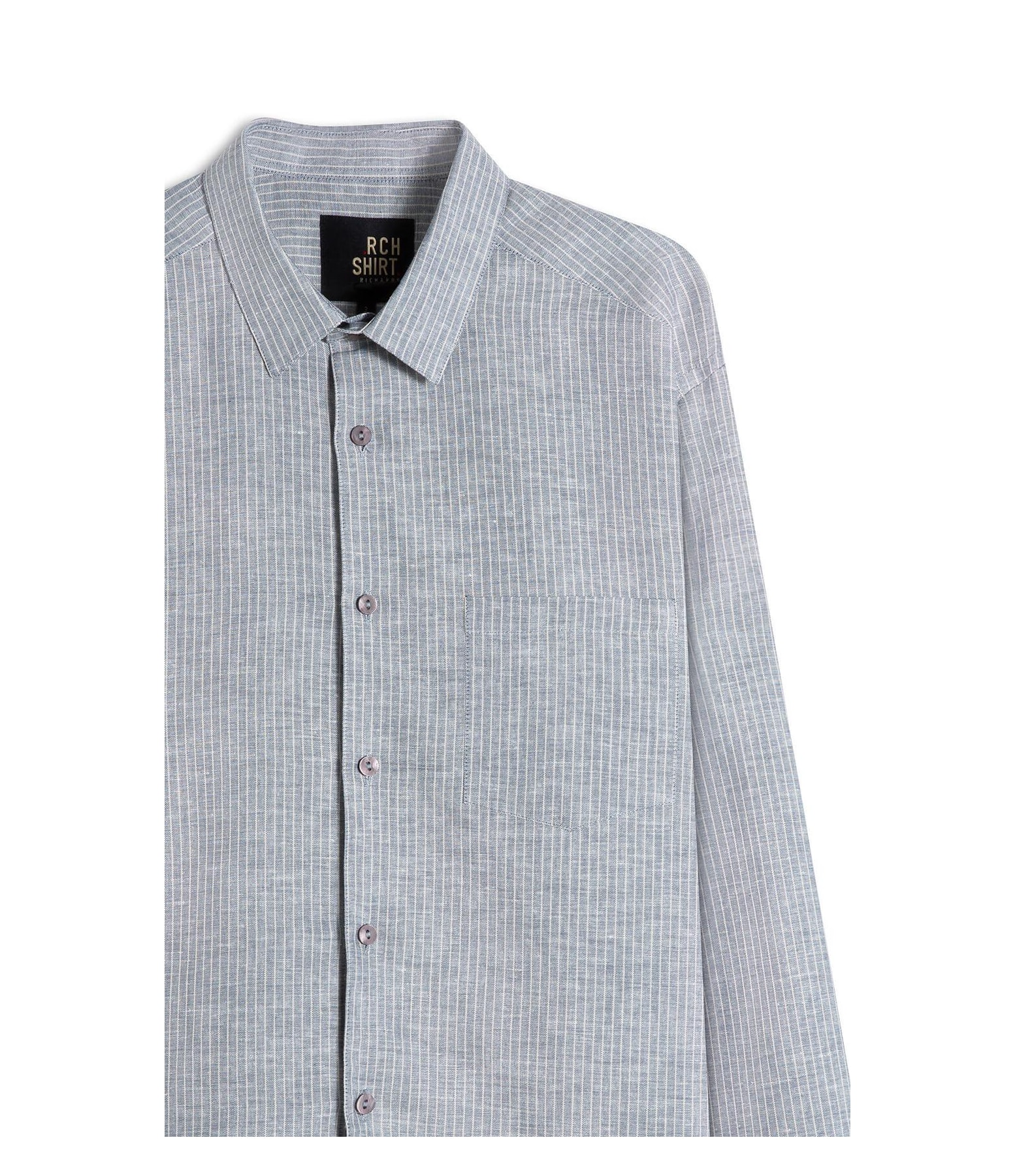 Camisa Linho  Listrado Gabriel Ml Cinza Claro