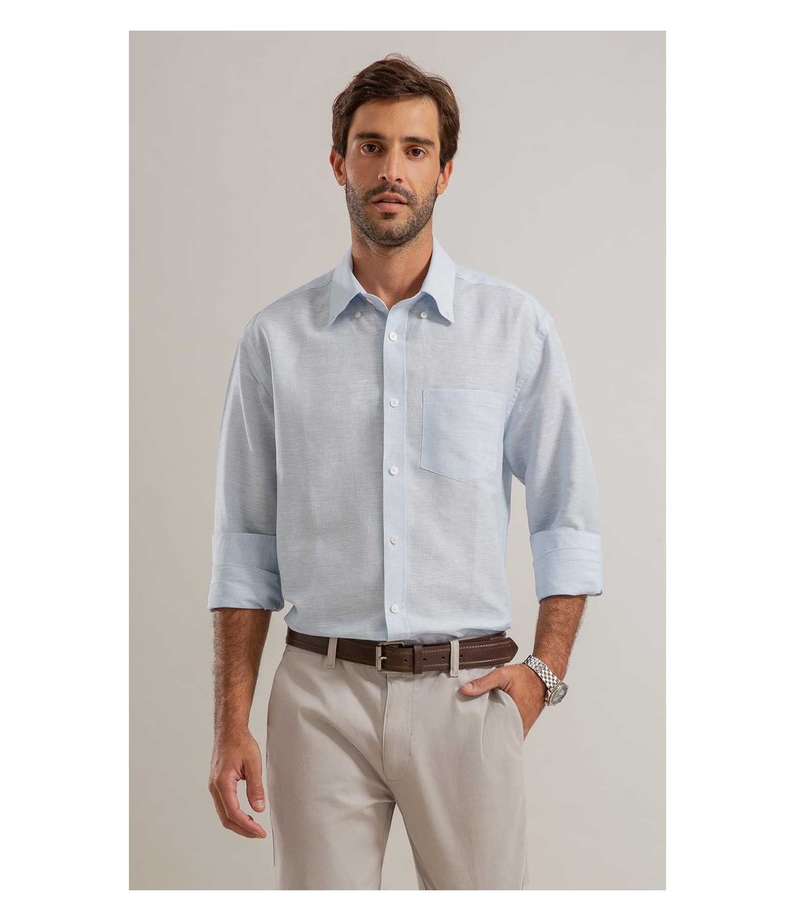 Camisa Linho  Listrado Marcio Ml Azul Claro