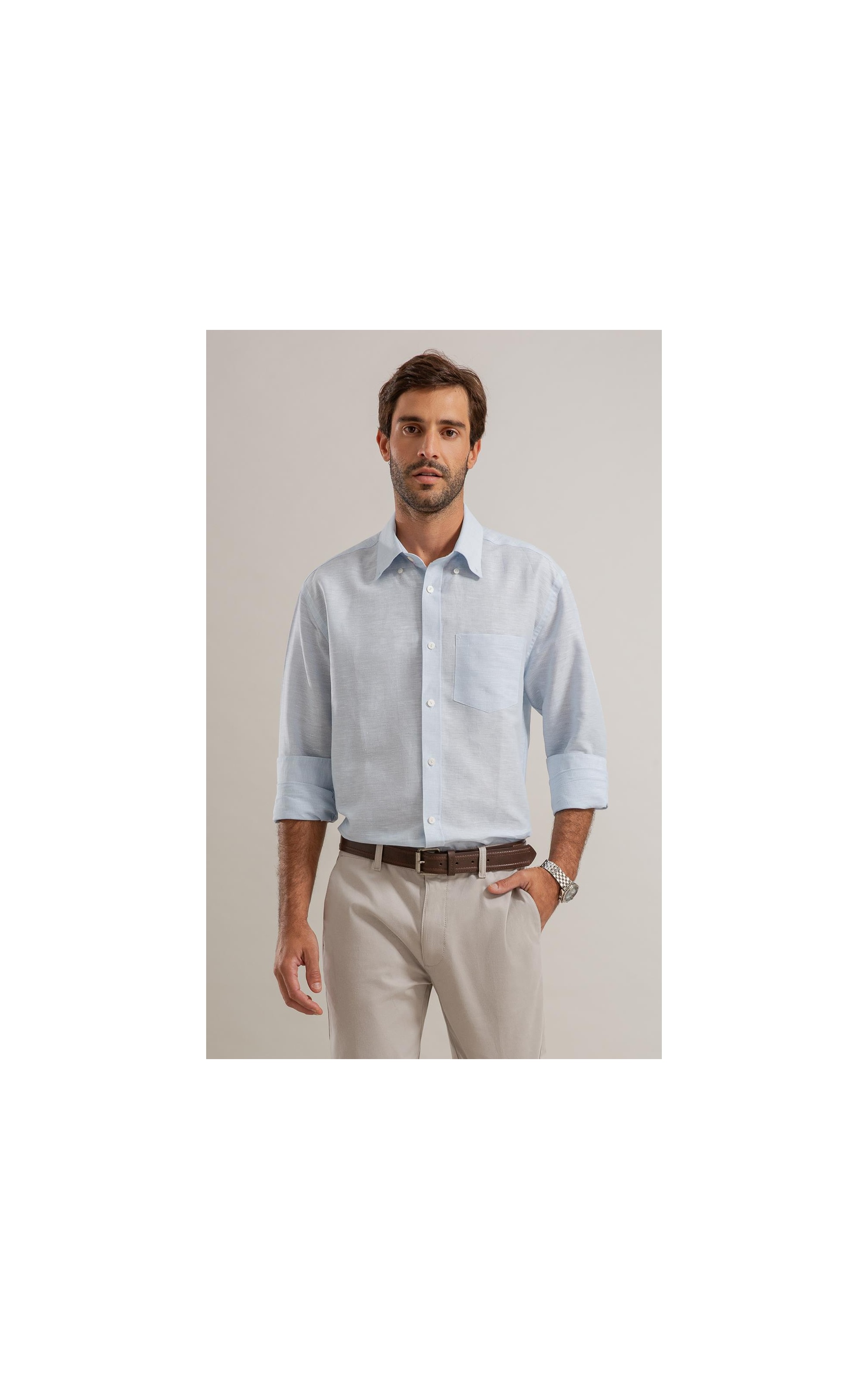 Camisa Linho  Listrado Marcio Ml Azul Claro