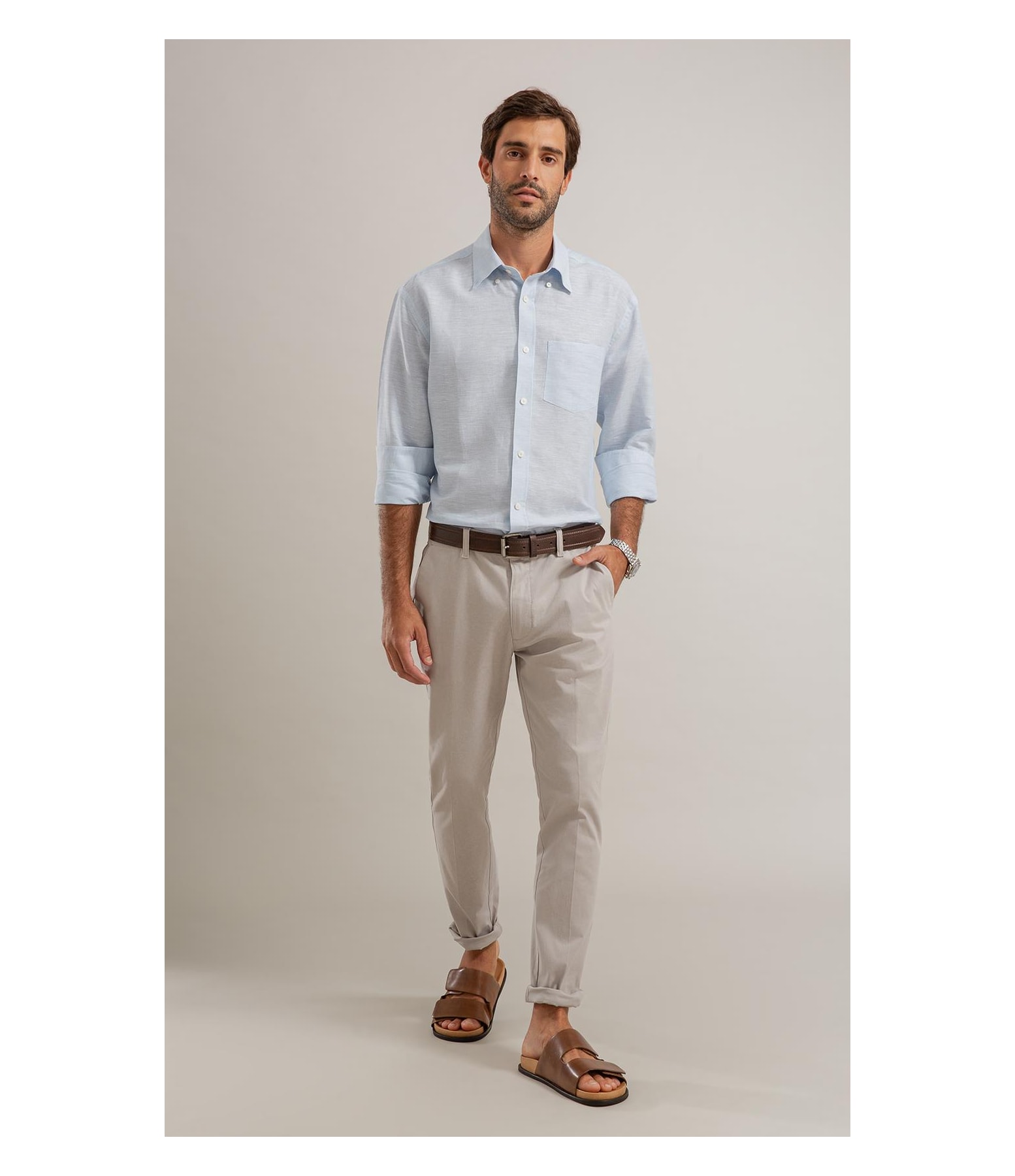 Camisa Linho  Listrado Marcio Ml Azul Claro