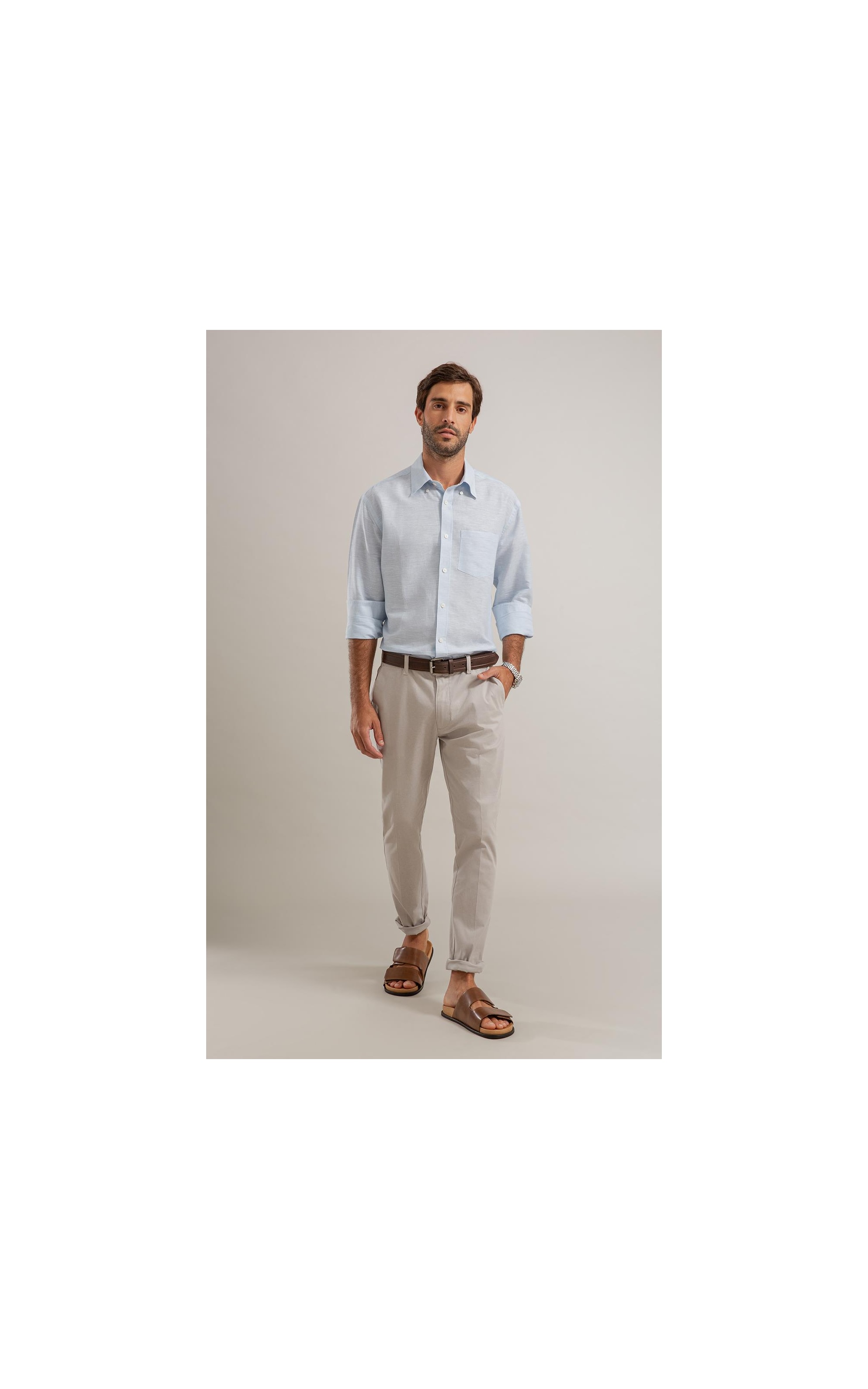 Camisa Linho  Listrado Marcio Ml Azul Claro